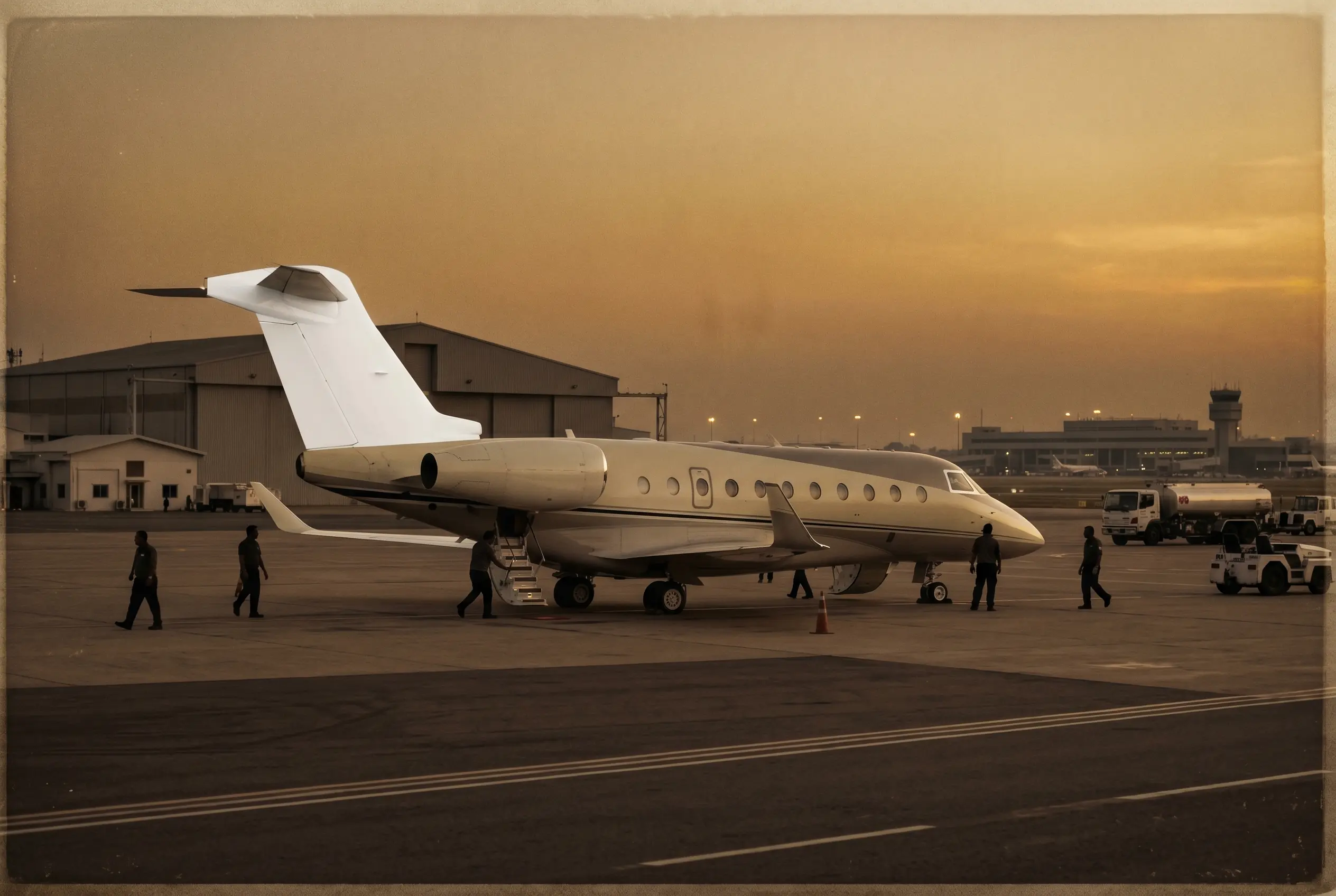 Gulfstream G280 parked on a private ramp at dusk before a New York to Miami flight