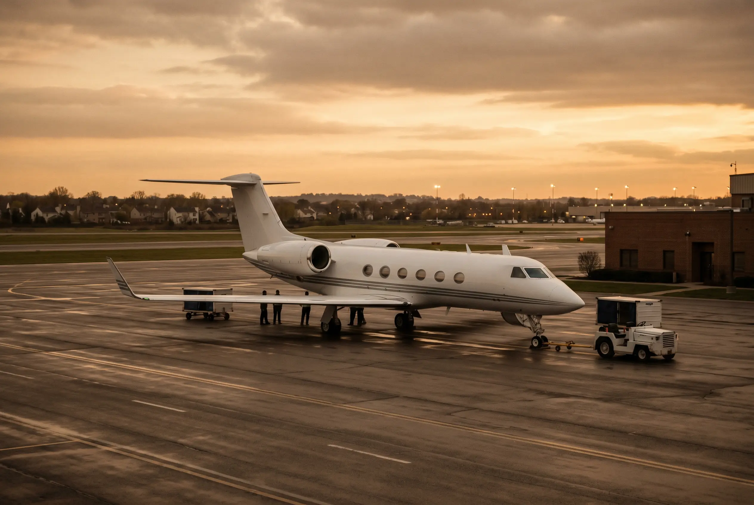 Gulfstream G450 parked on a private ramp at dusk before a New York to Miami flight