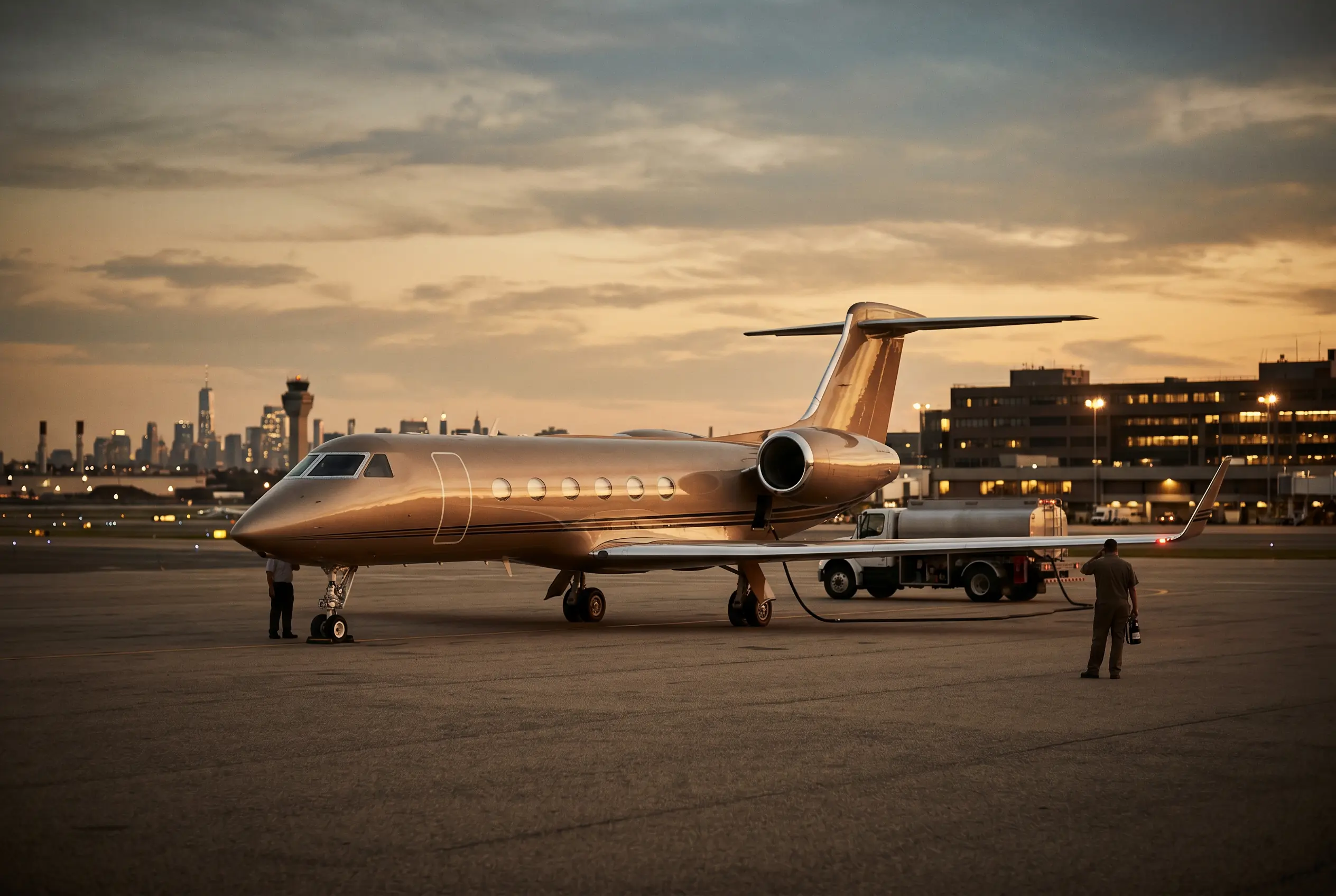 Gulfstream G500 parked on a private ramp at dusk before a New York to Miami flight