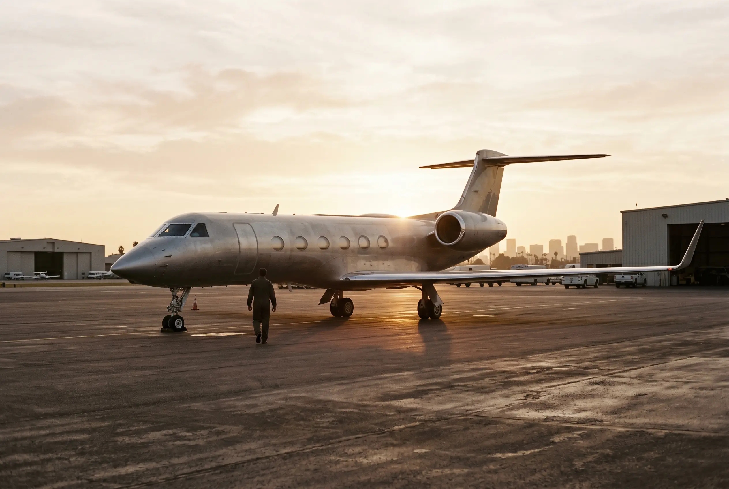 Gulfstream G550 parked on a private ramp at dusk before a New York to Miami flight