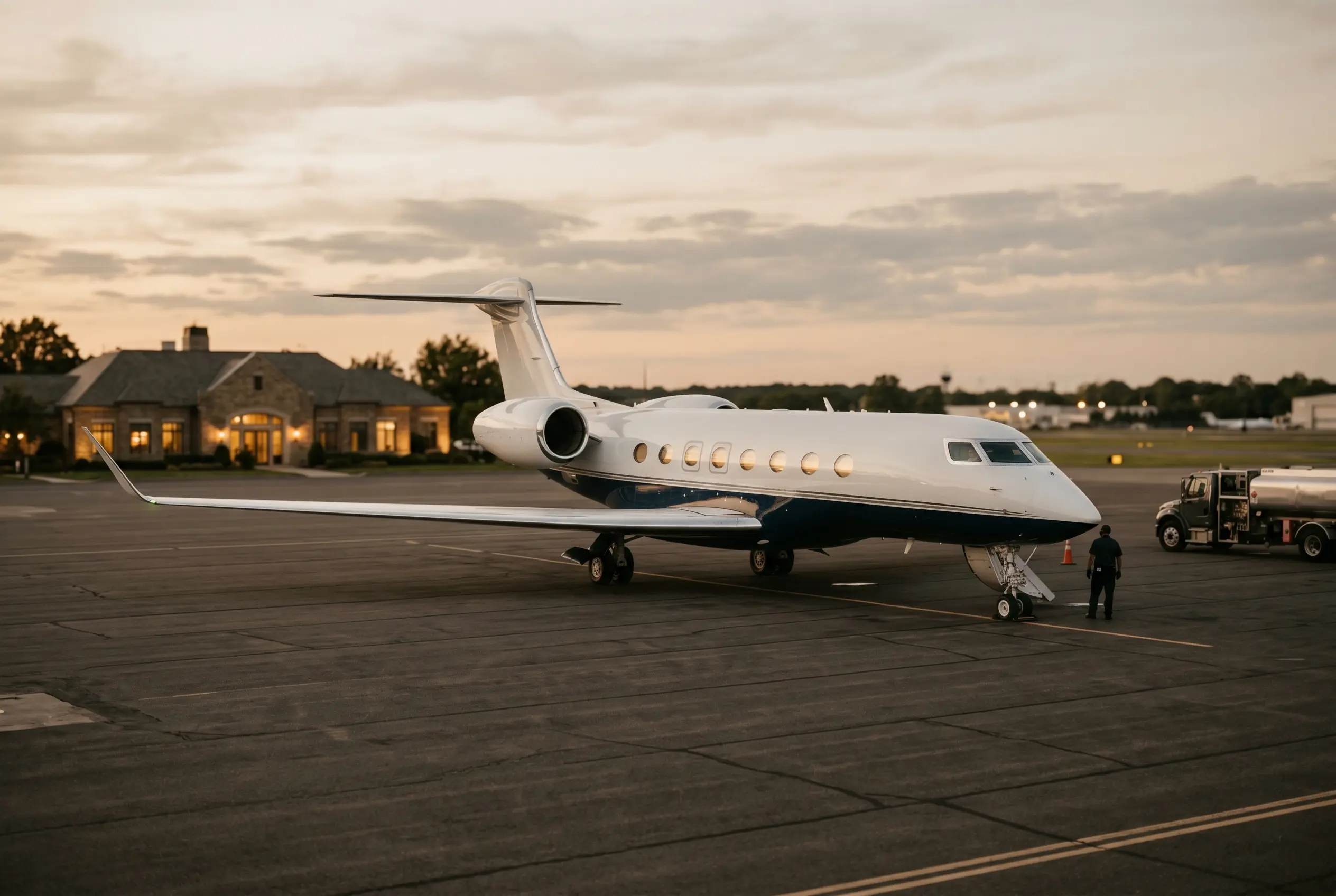 Gulfstream G600 parked on a private ramp at dusk before a New York to Miami flight