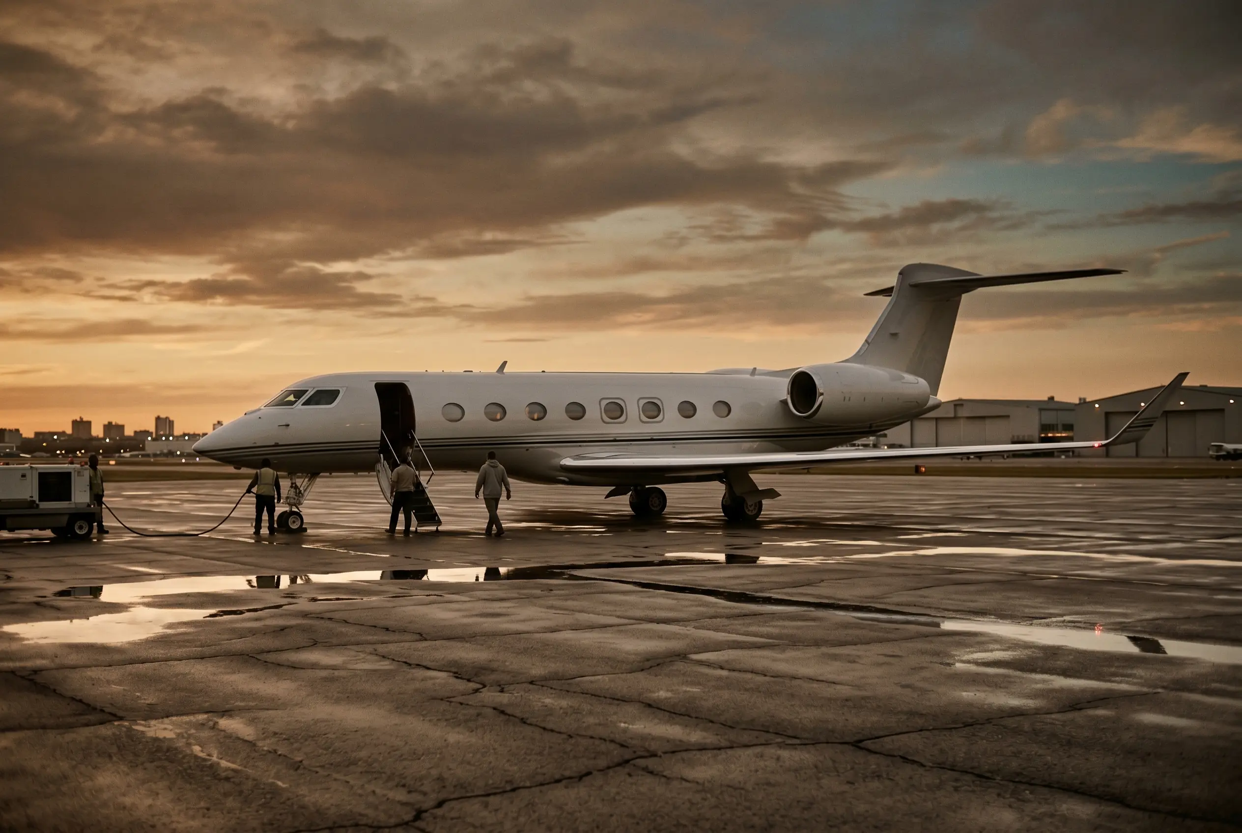 Gulfstream G650ER parked on a private ramp at dusk before a New York to Miami flight