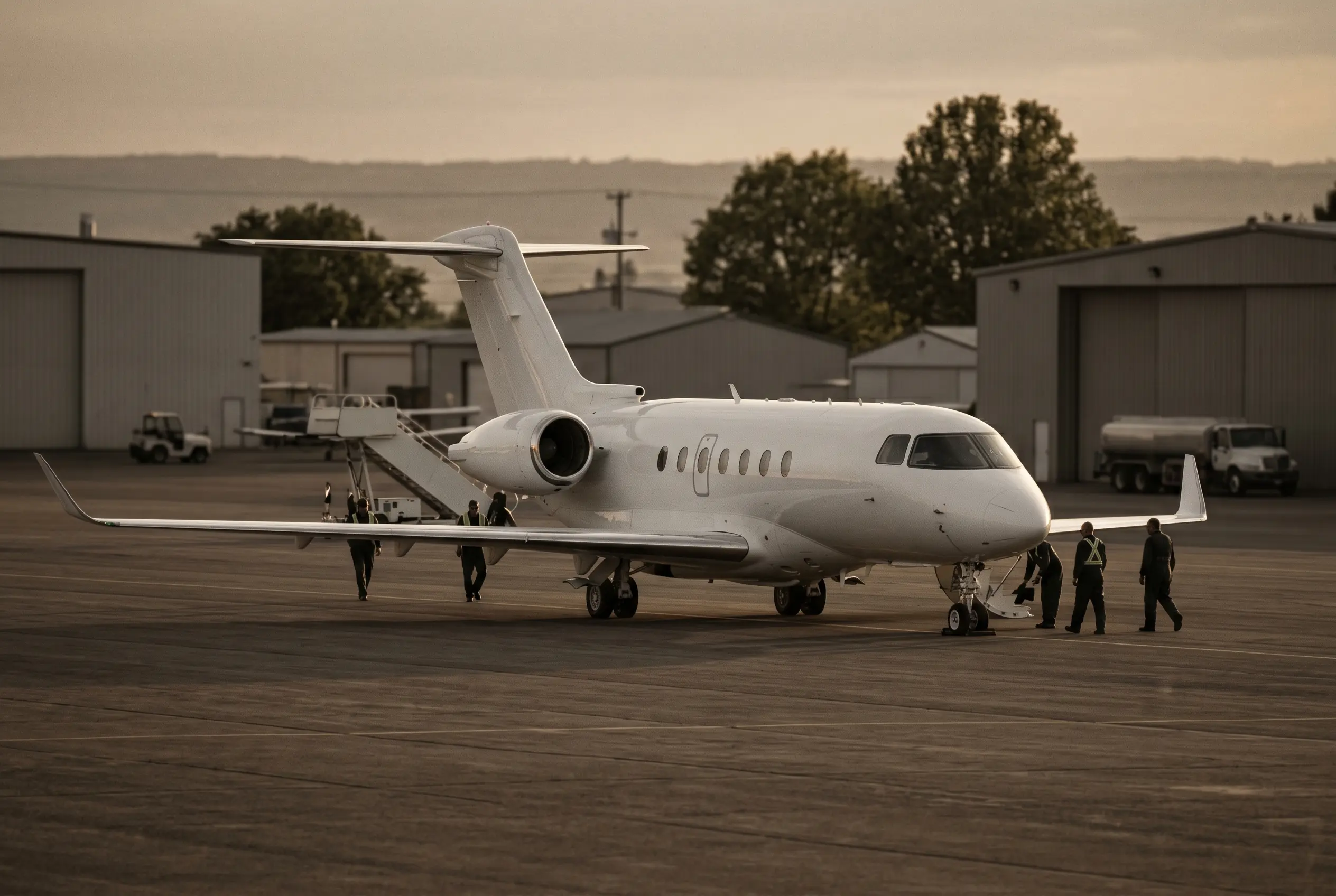 Hawker 4000 parked on a private ramp at dusk before a New York to Miami flight