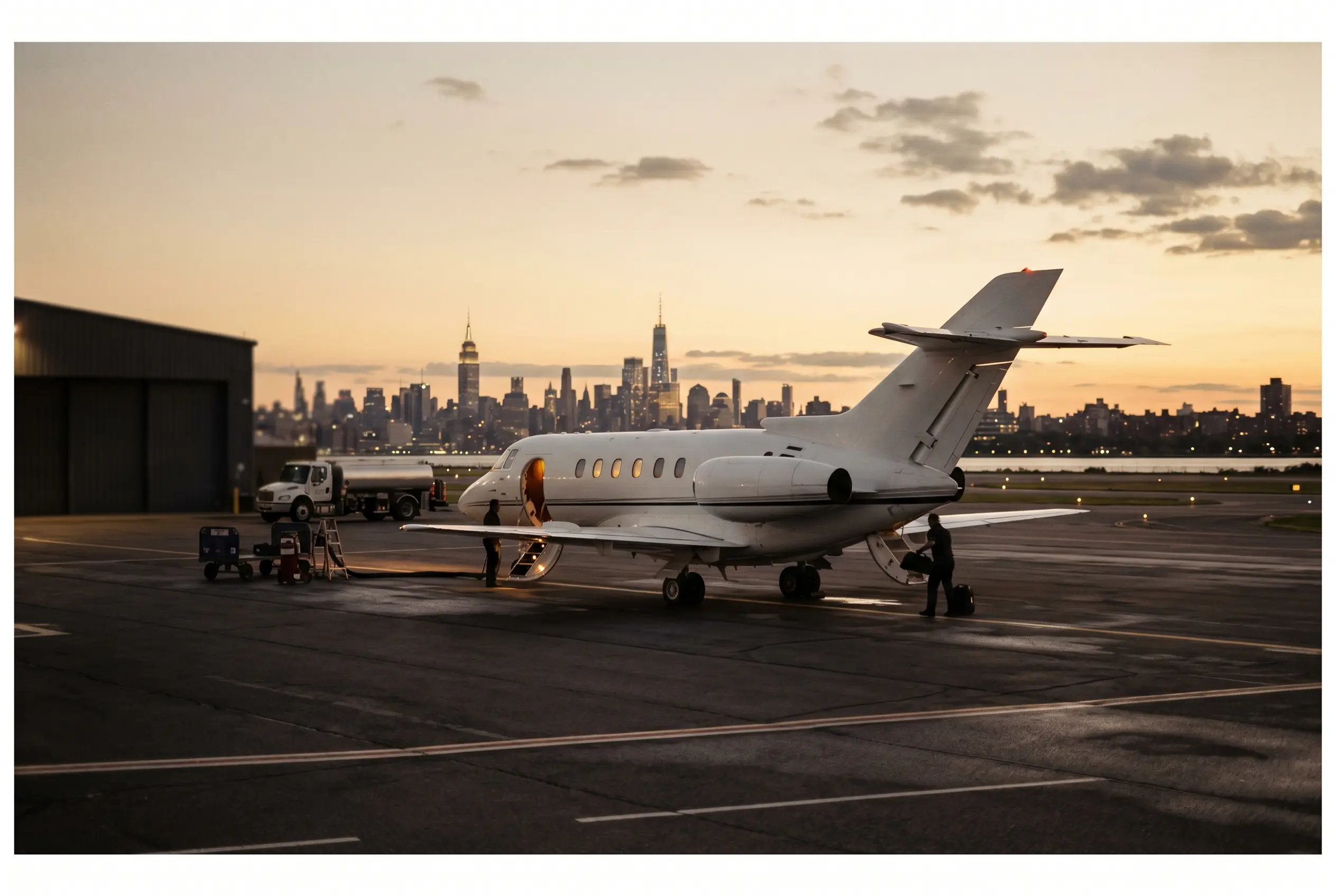 Hawker 800XP parked on a private ramp at dusk before a New York to Miami flight