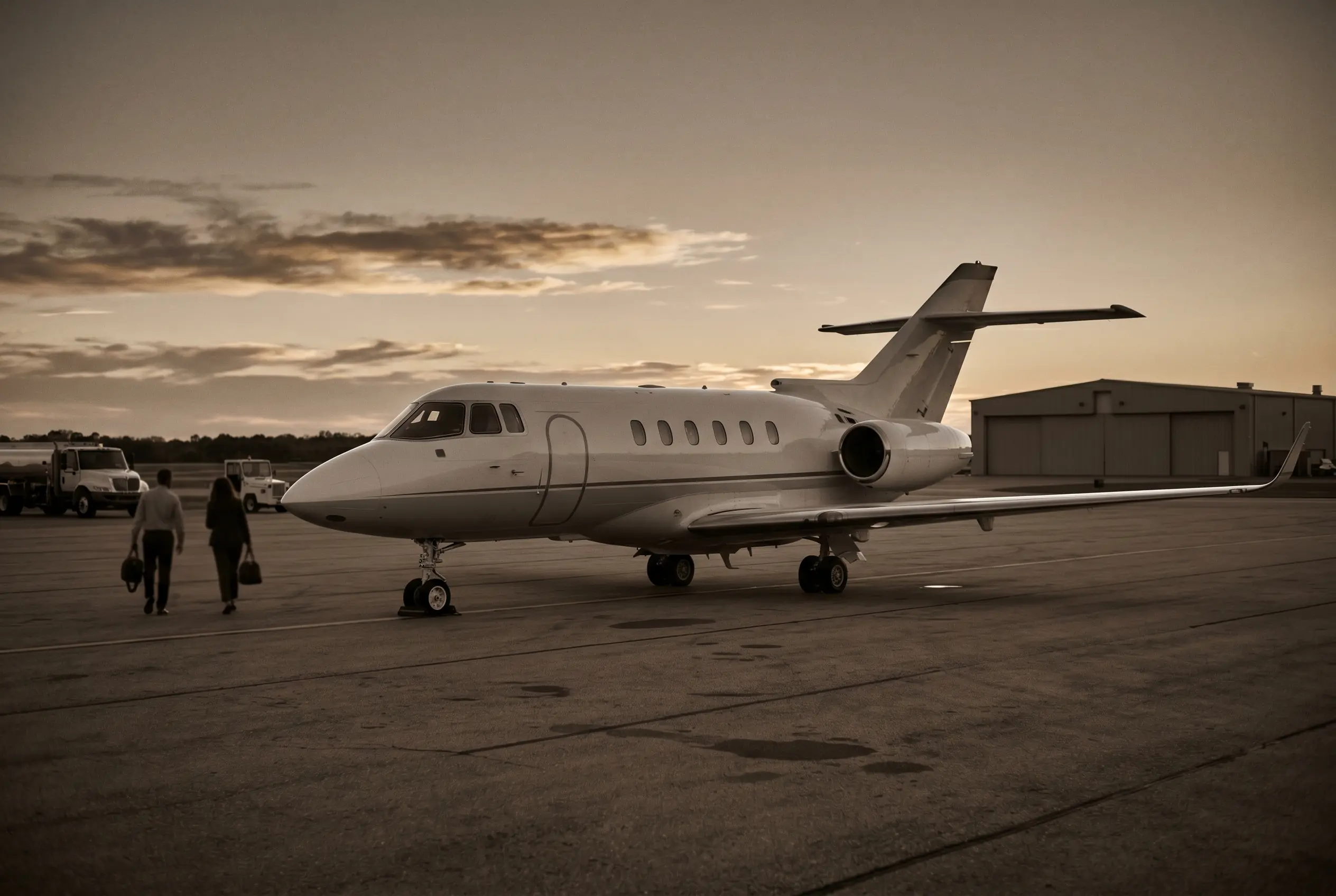 Hawker 900XP parked on a private ramp at dusk before a New York to Miami flight