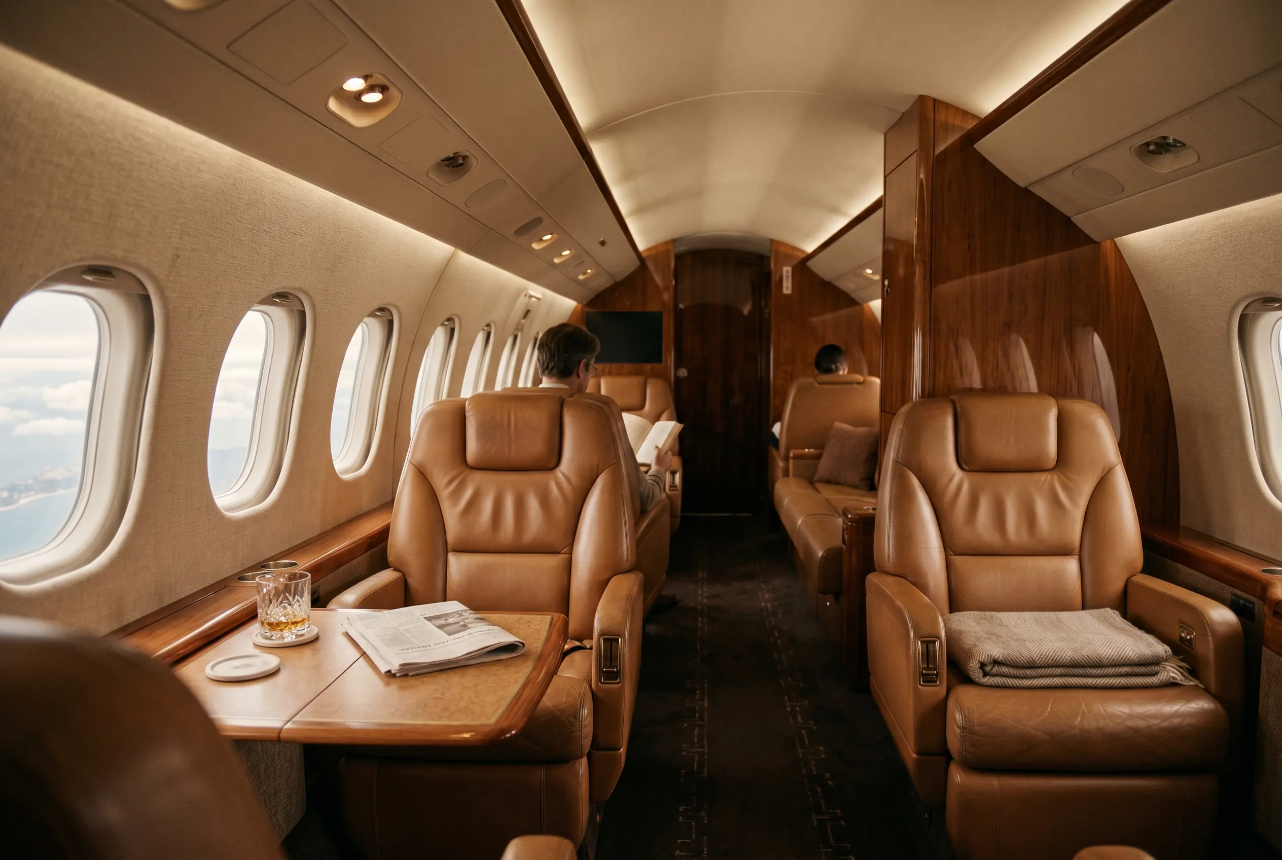 A heavy jet cabin appointed for the New York to Miami passage