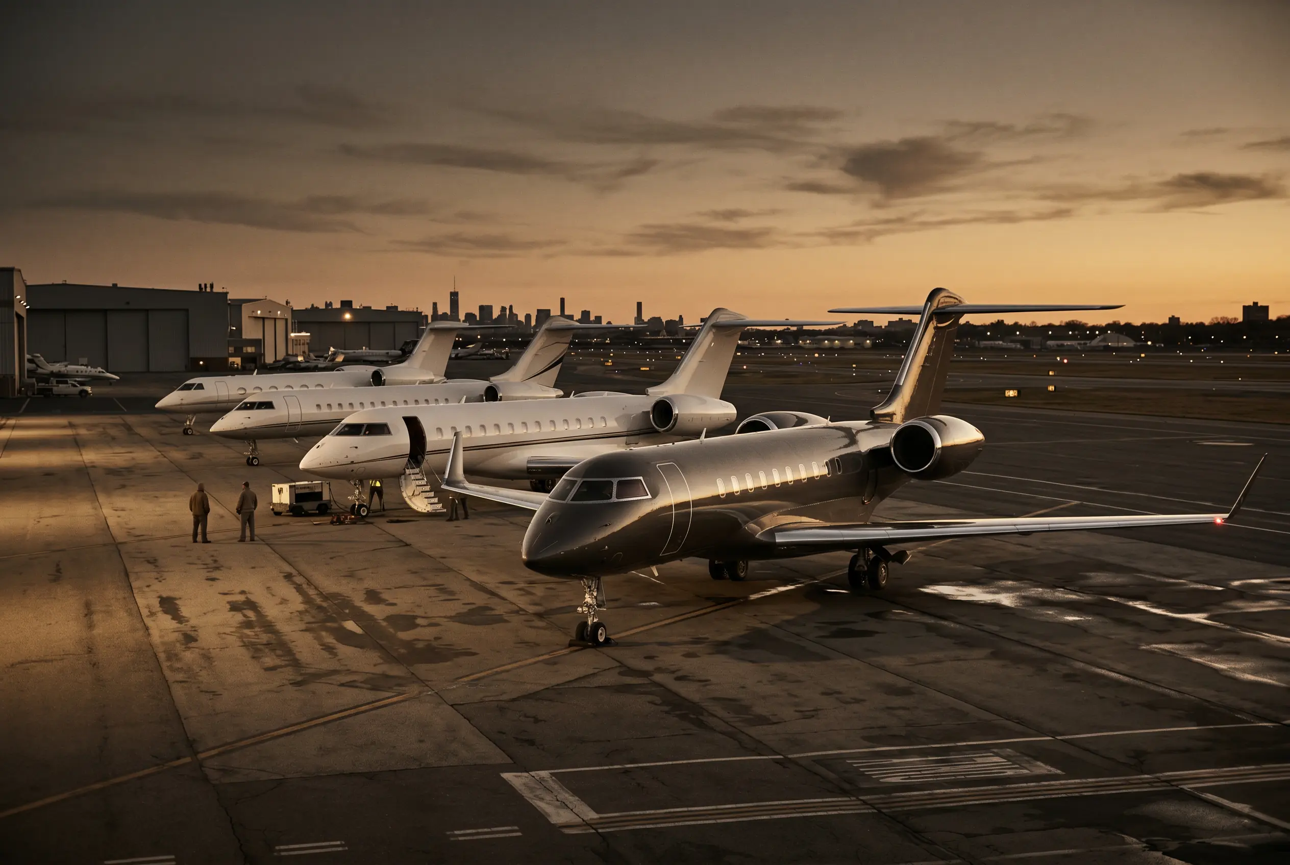 A line-up of heavy jet aircraft on a private ramp at dusk — heavy jet charter options on the New York to Miami route