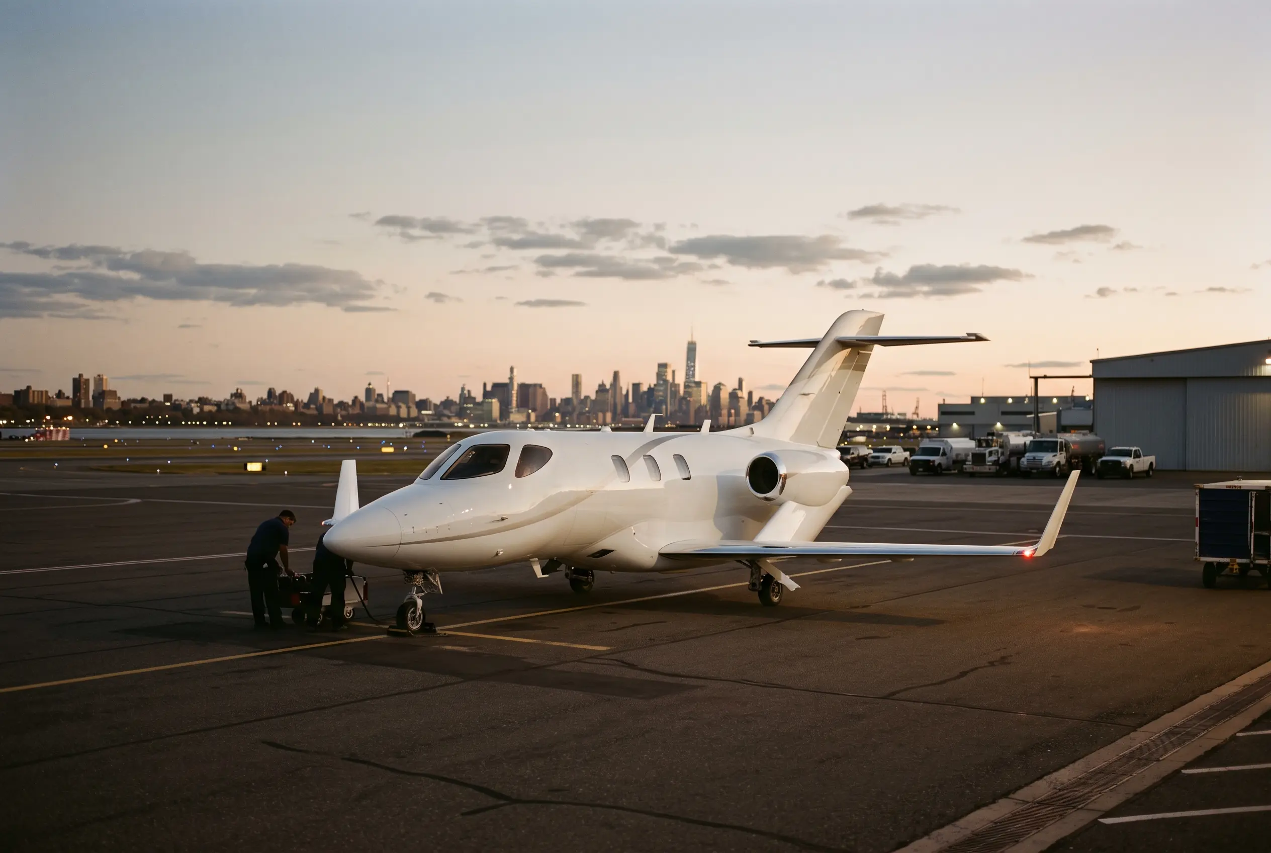 HondaJet Elite II parked on a private ramp at dusk before a New York to Miami flight