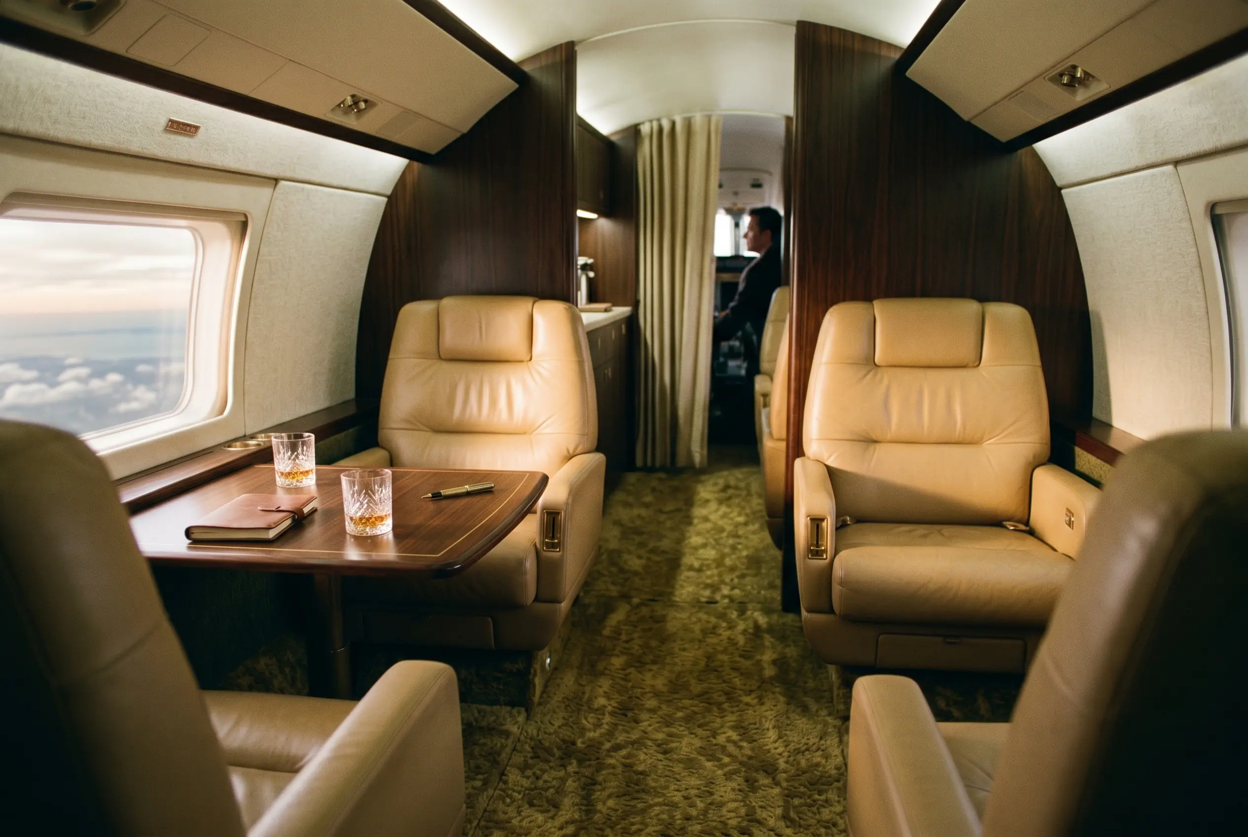 A refined private-jet cabin set for an occasion en route on the New York to Miami route