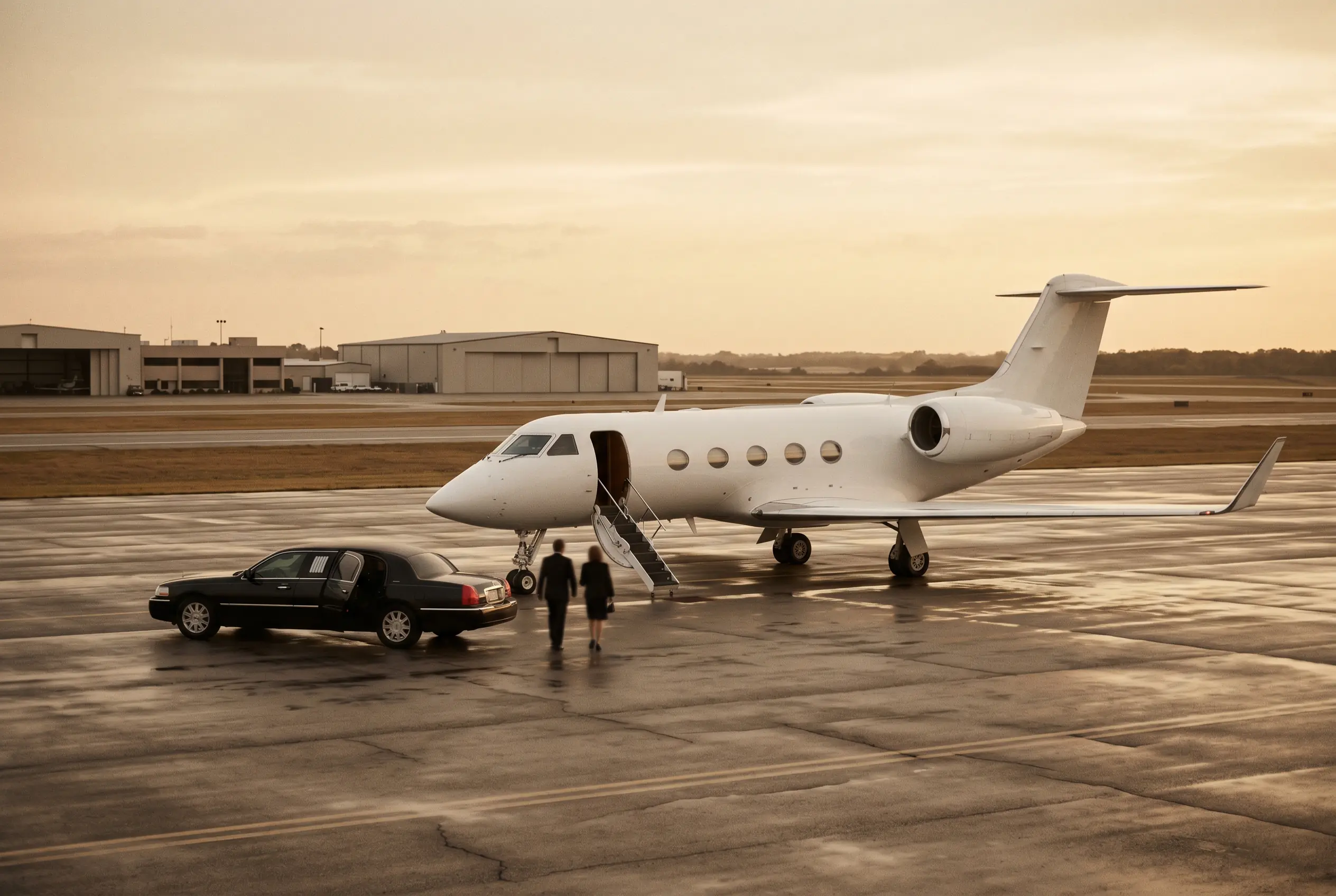 A chauffeured car waiting beside a private jet for guests on the New York to Miami route