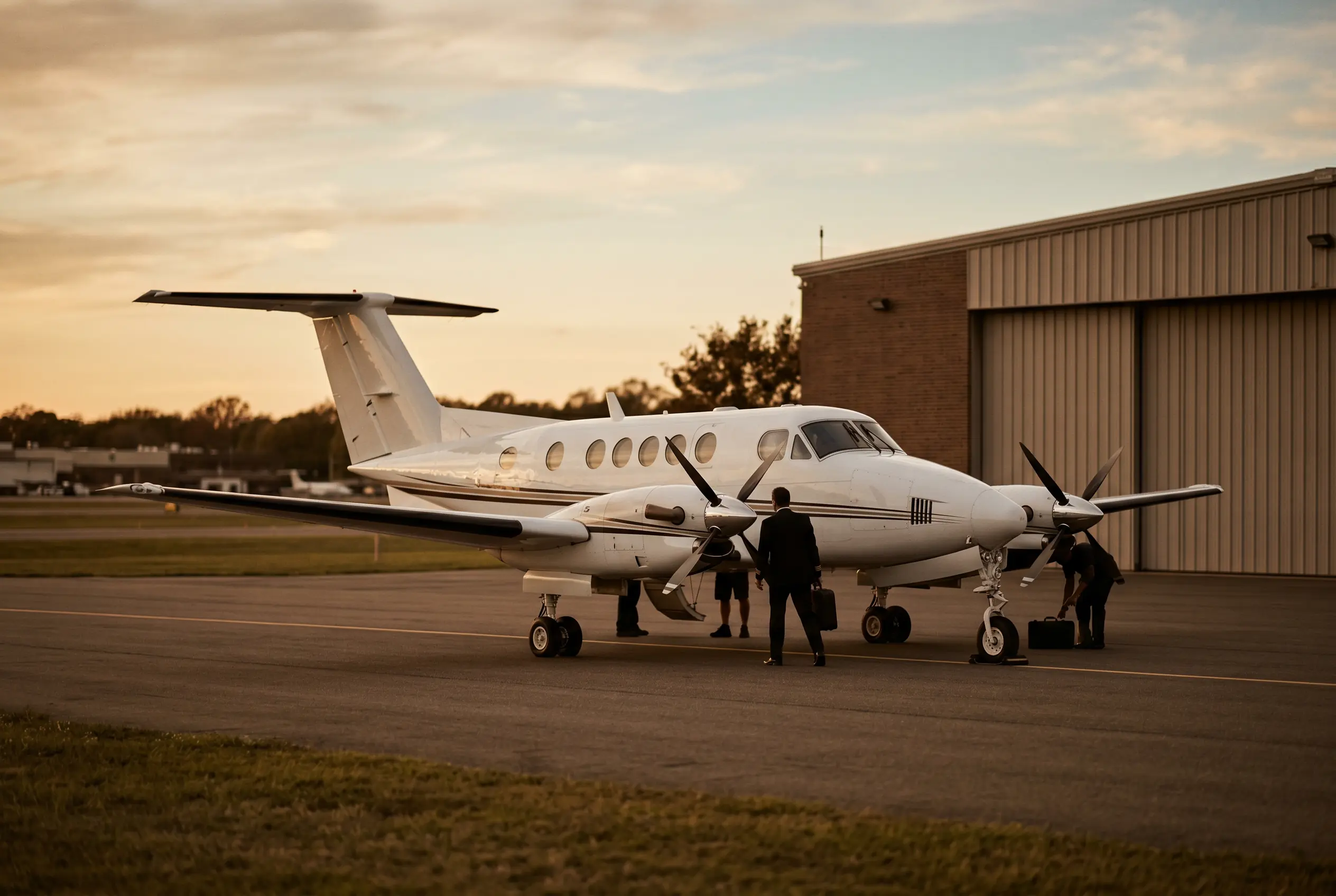 Beechcraft King Air 260 parked on a private ramp at dusk before a New York to Miami flight