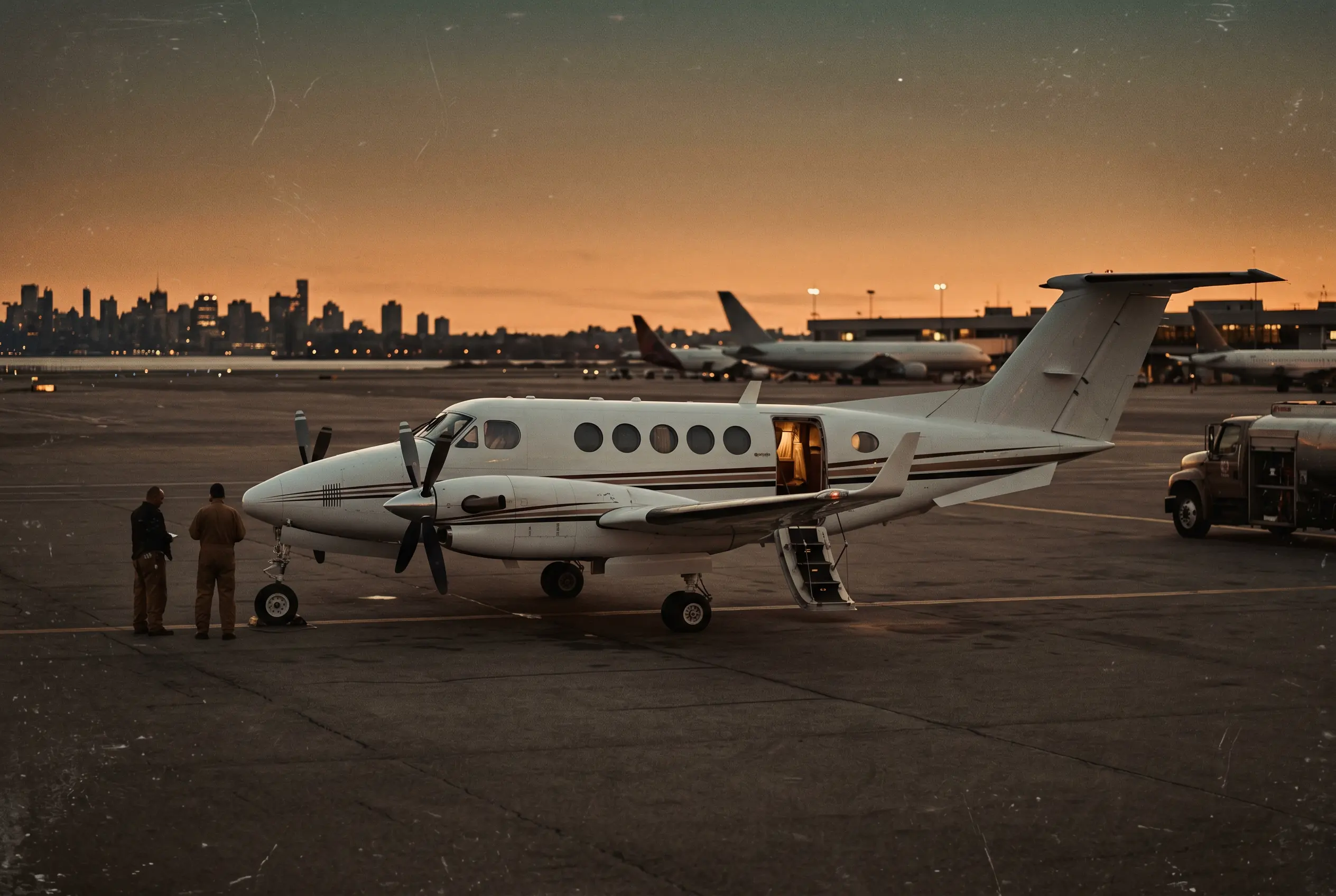 Beechcraft King Air 350i parked on a private ramp at dusk before a New York to Miami flight