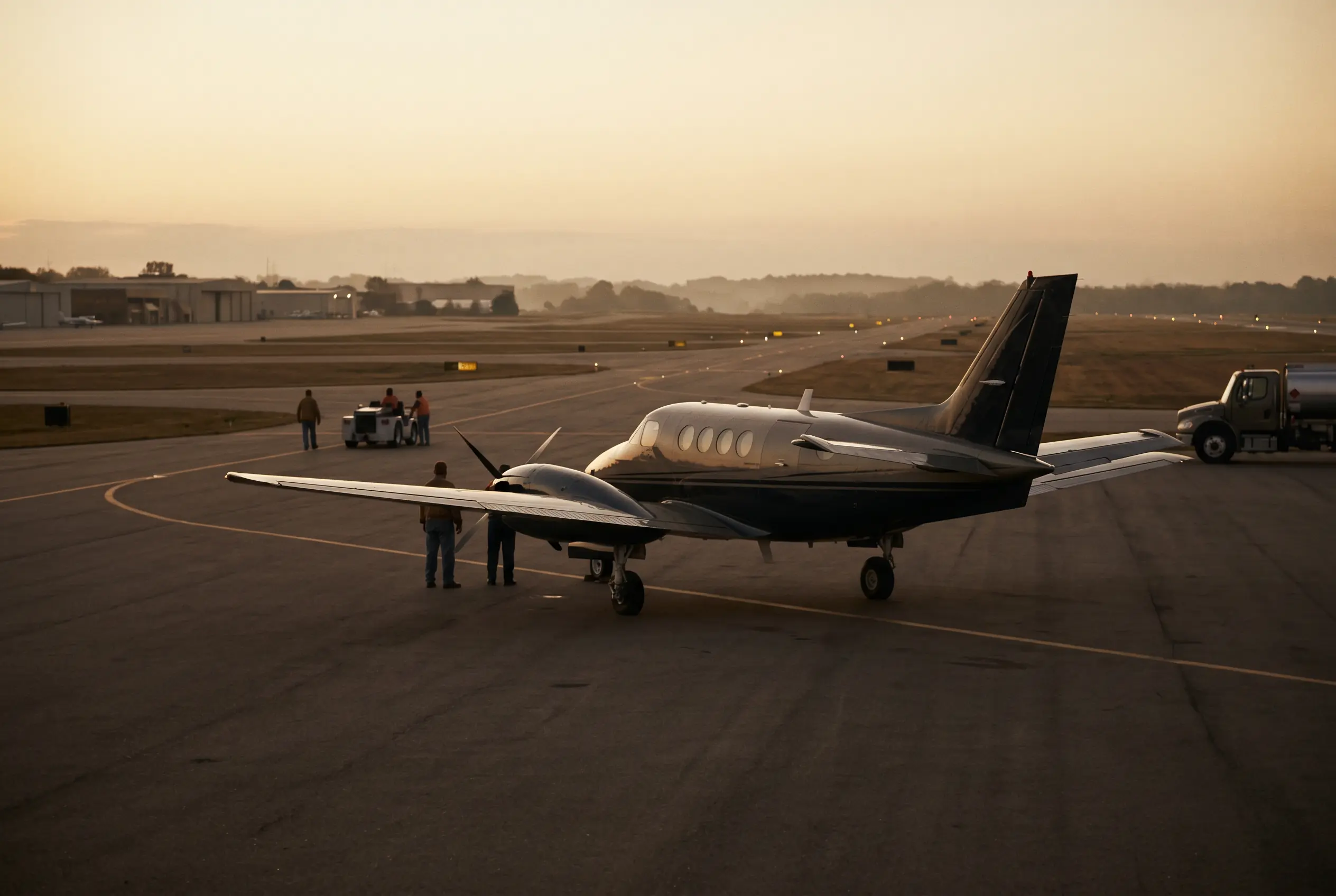 Beechcraft King Air C90GTx parked on a private ramp at dusk before a New York to Miami flight