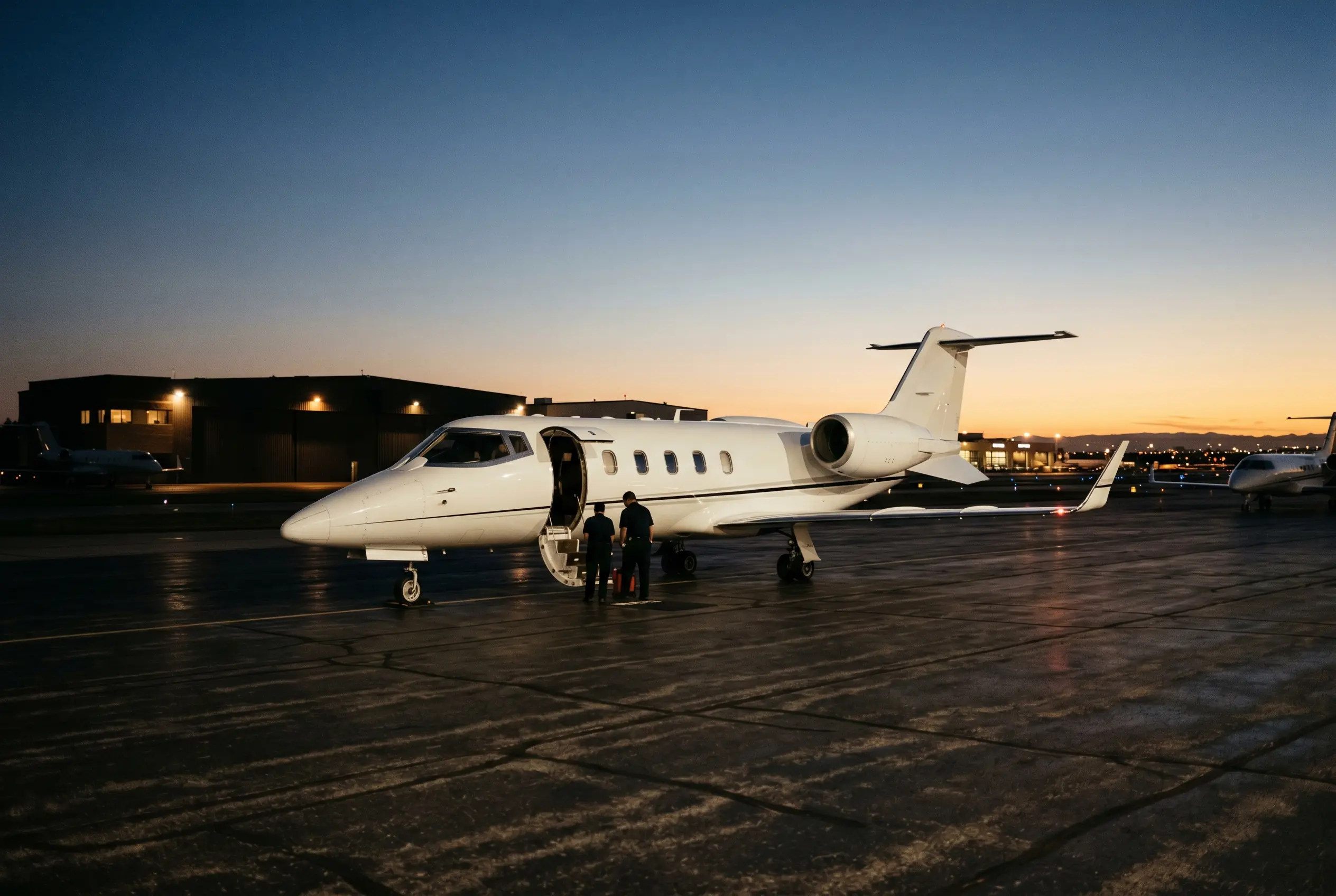 Bombardier Learjet 60XR parked on a private ramp at dusk before a New York to Miami flight