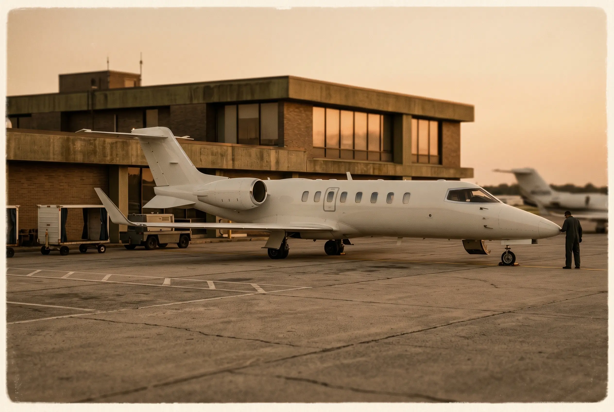 Bombardier Learjet 75 parked on a private ramp at dusk before a New York to Miami flight