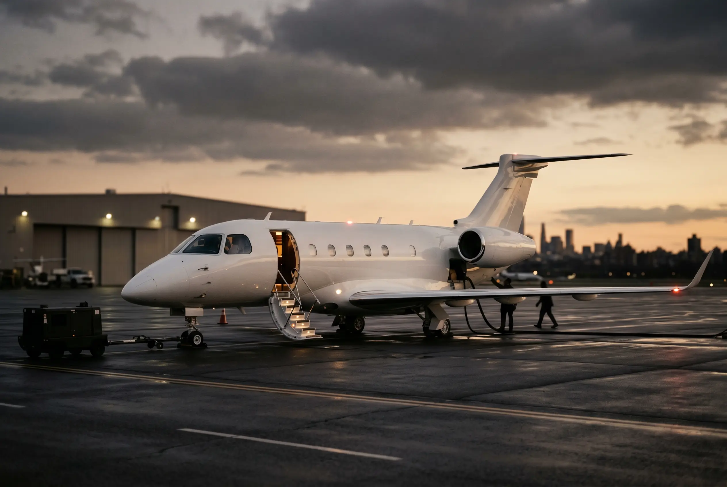 Embraer Legacy 500 parked on a private ramp at dusk before a New York to Miami flight