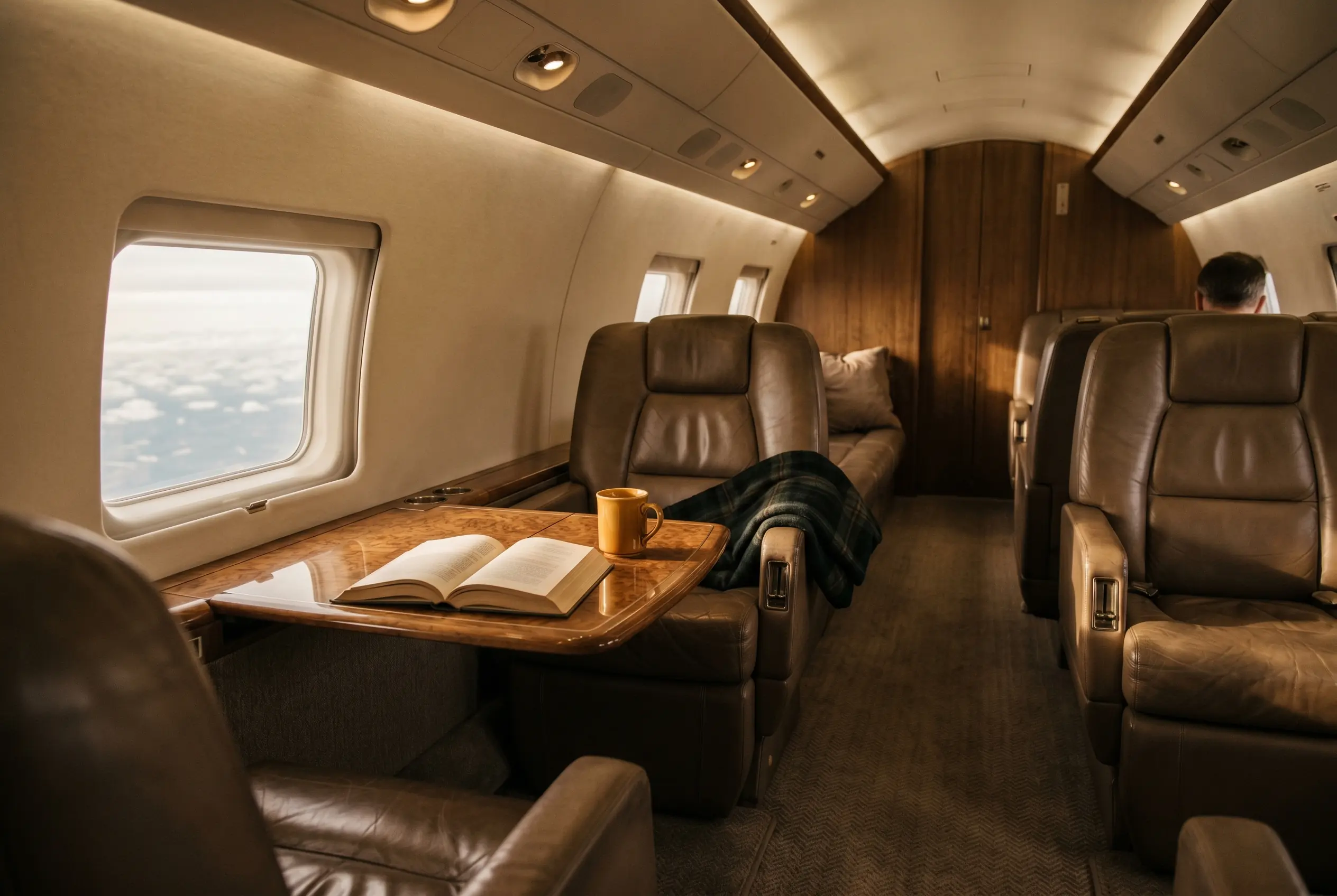 A relaxed private-jet cabin appointed for a leisure trip on the New York to Miami route