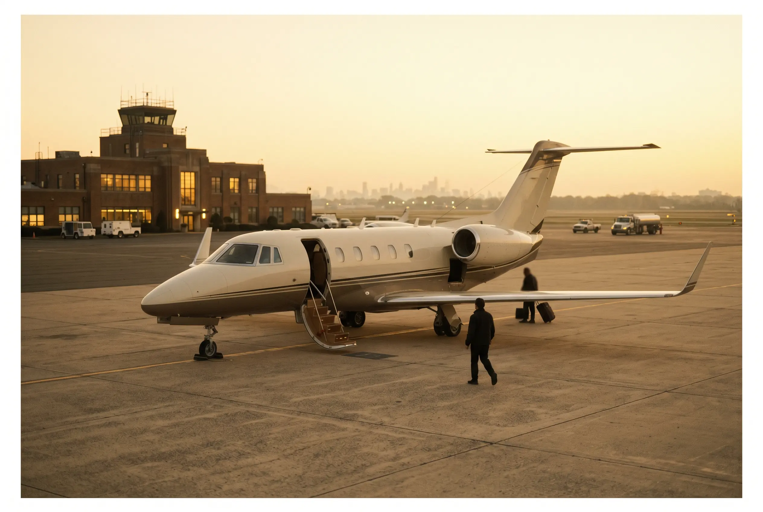 A private jet on the ramp at golden hour before a getaway on the New York to Miami route