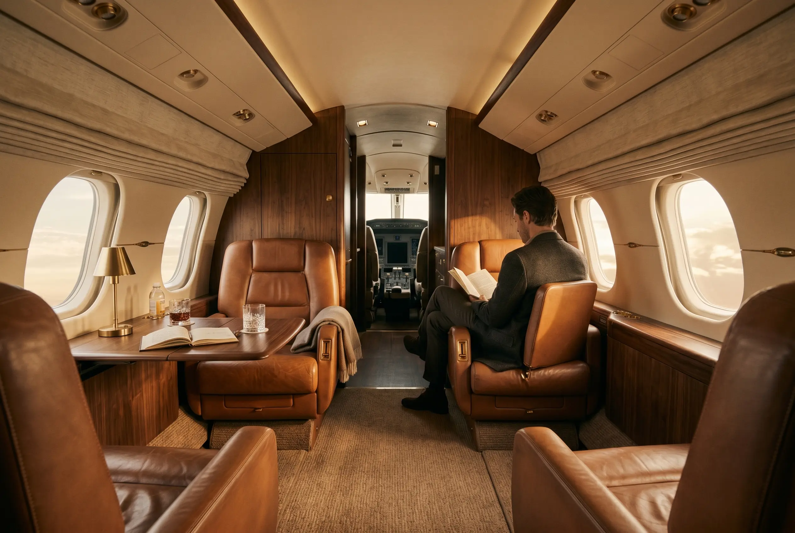 A light jet cabin appointed for the New York to Miami passage