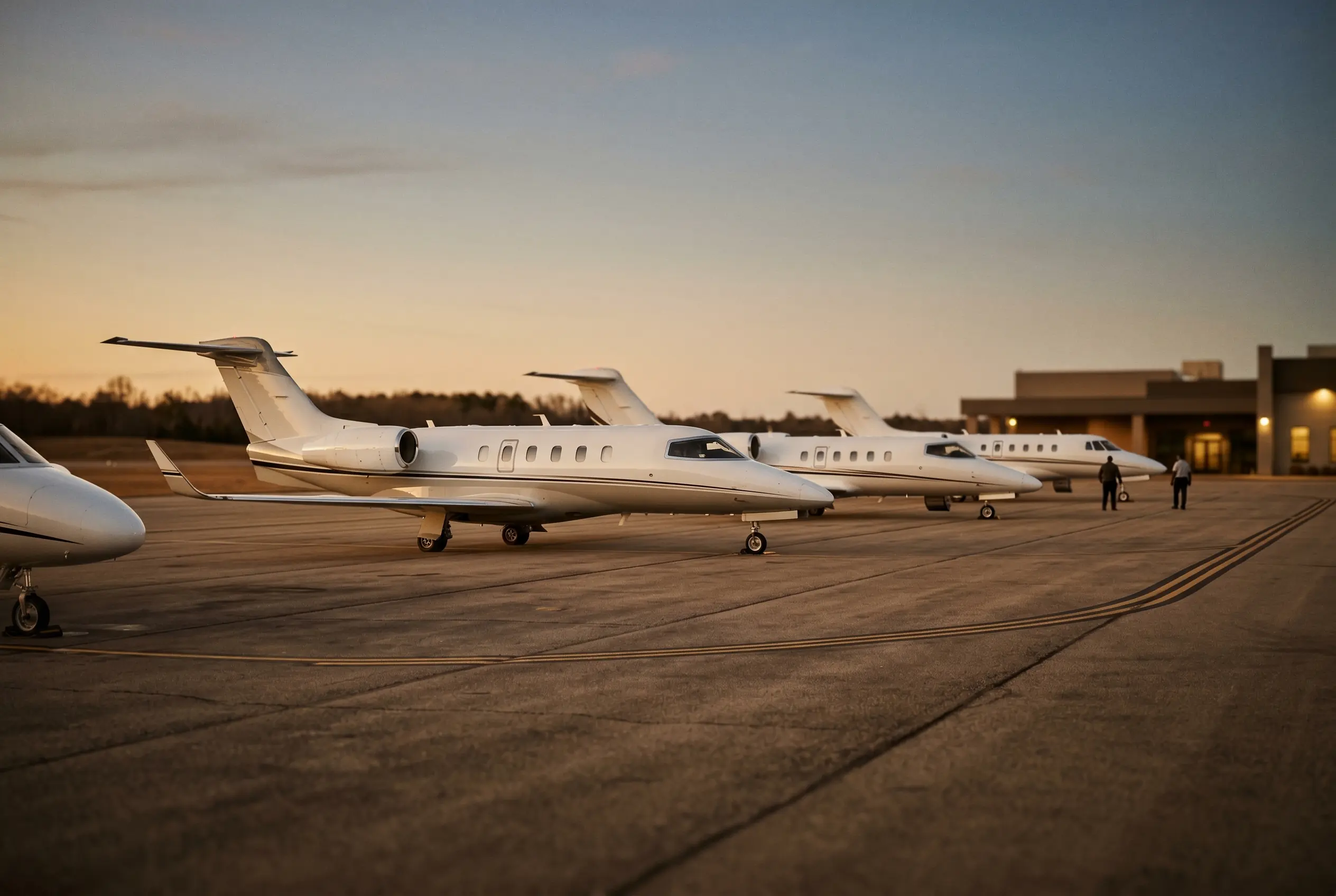 A line-up of light jet aircraft on a private ramp at dusk — light jet charter options on the New York to Miami route