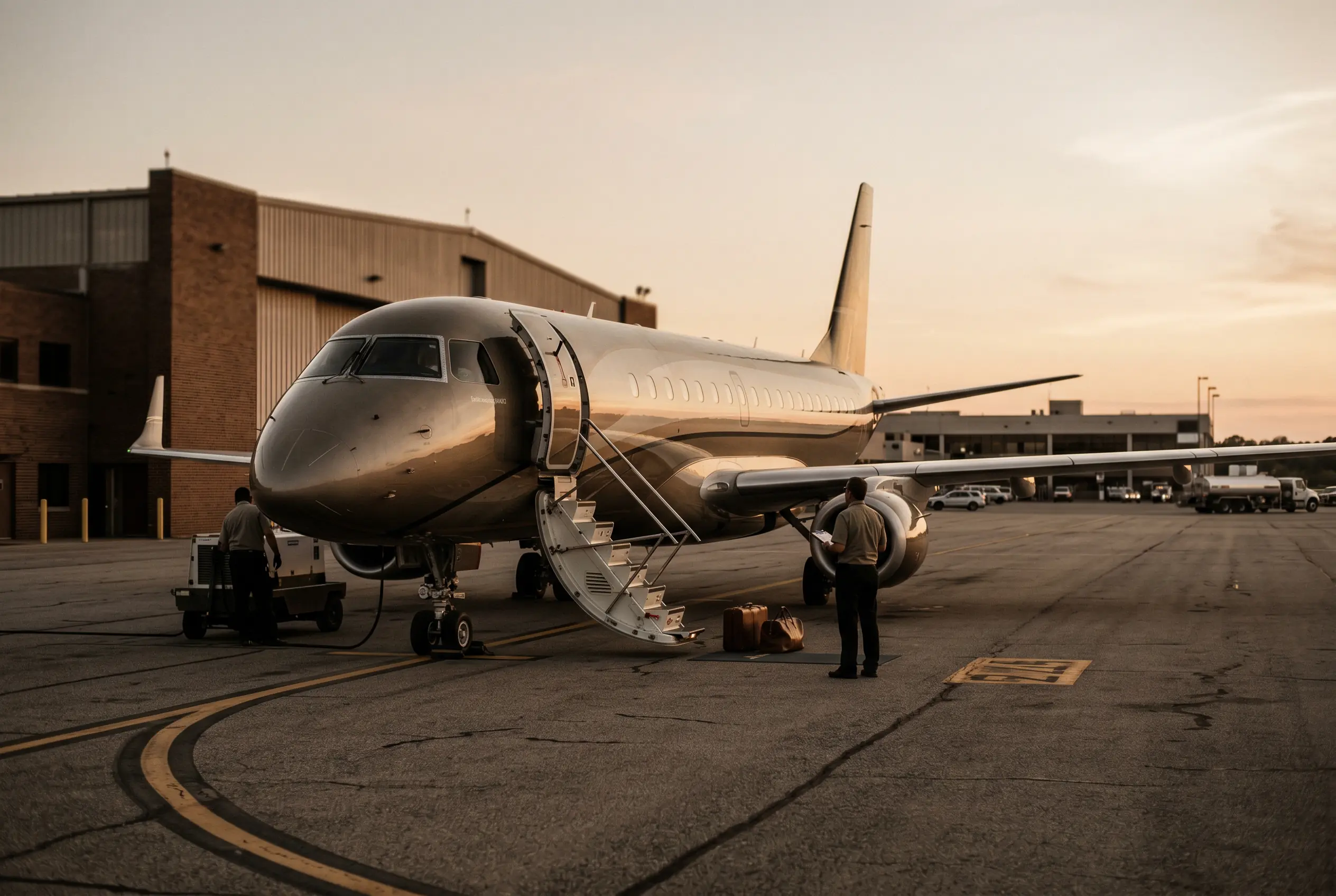 Embraer Lineage 1000E parked on a private ramp at dusk before a New York to Miami flight