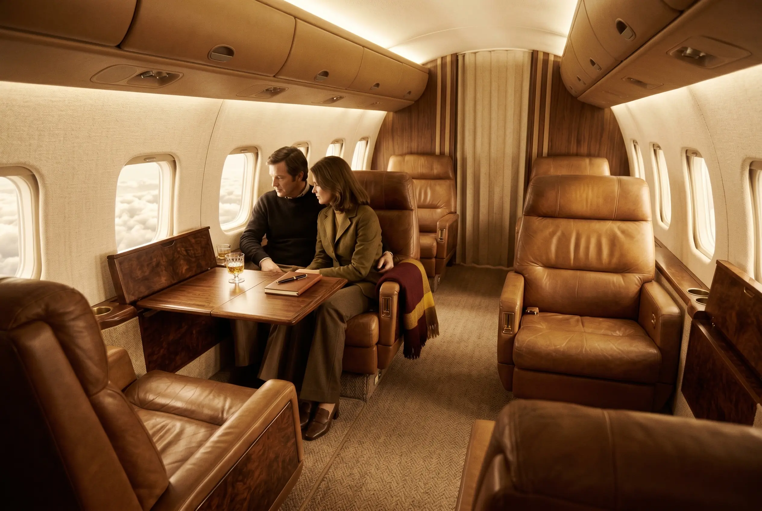 A midsize jet cabin appointed for the New York to Miami passage
