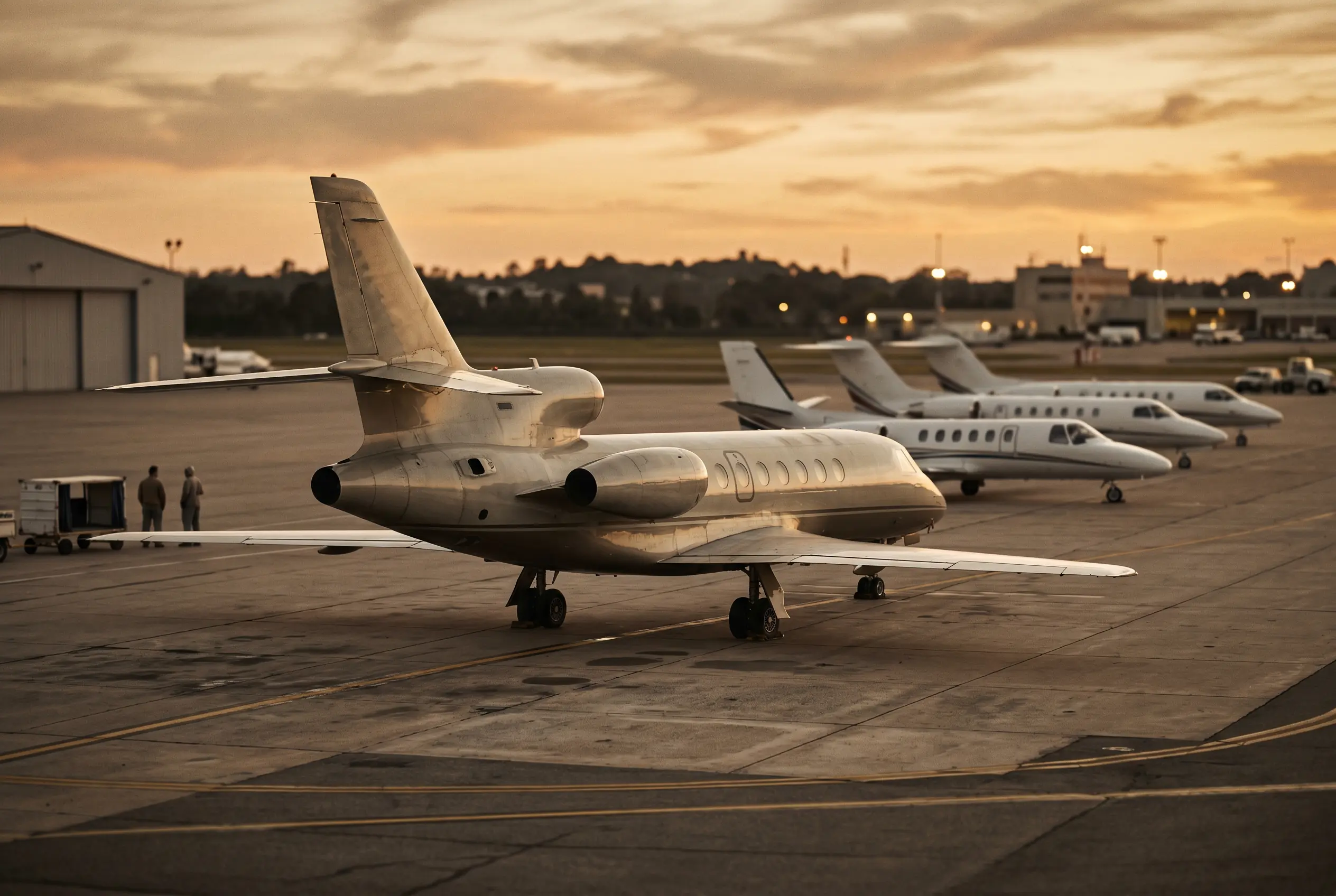 A line-up of midsize jet aircraft on a private ramp at dusk — midsize jet charter options on the New York to Miami route