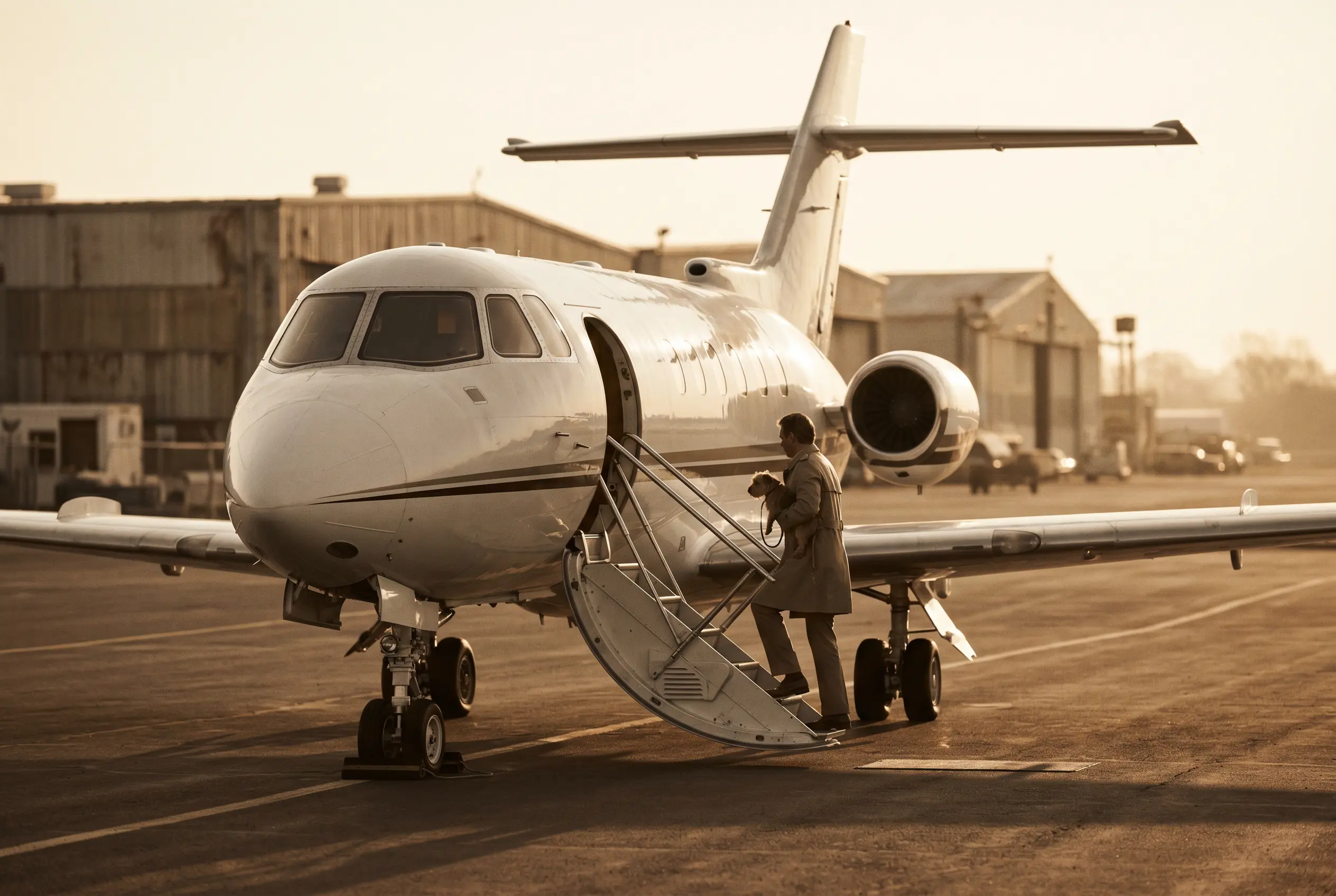 An owner boarding a private jet with a pet at the airstair on the New York to Miami route