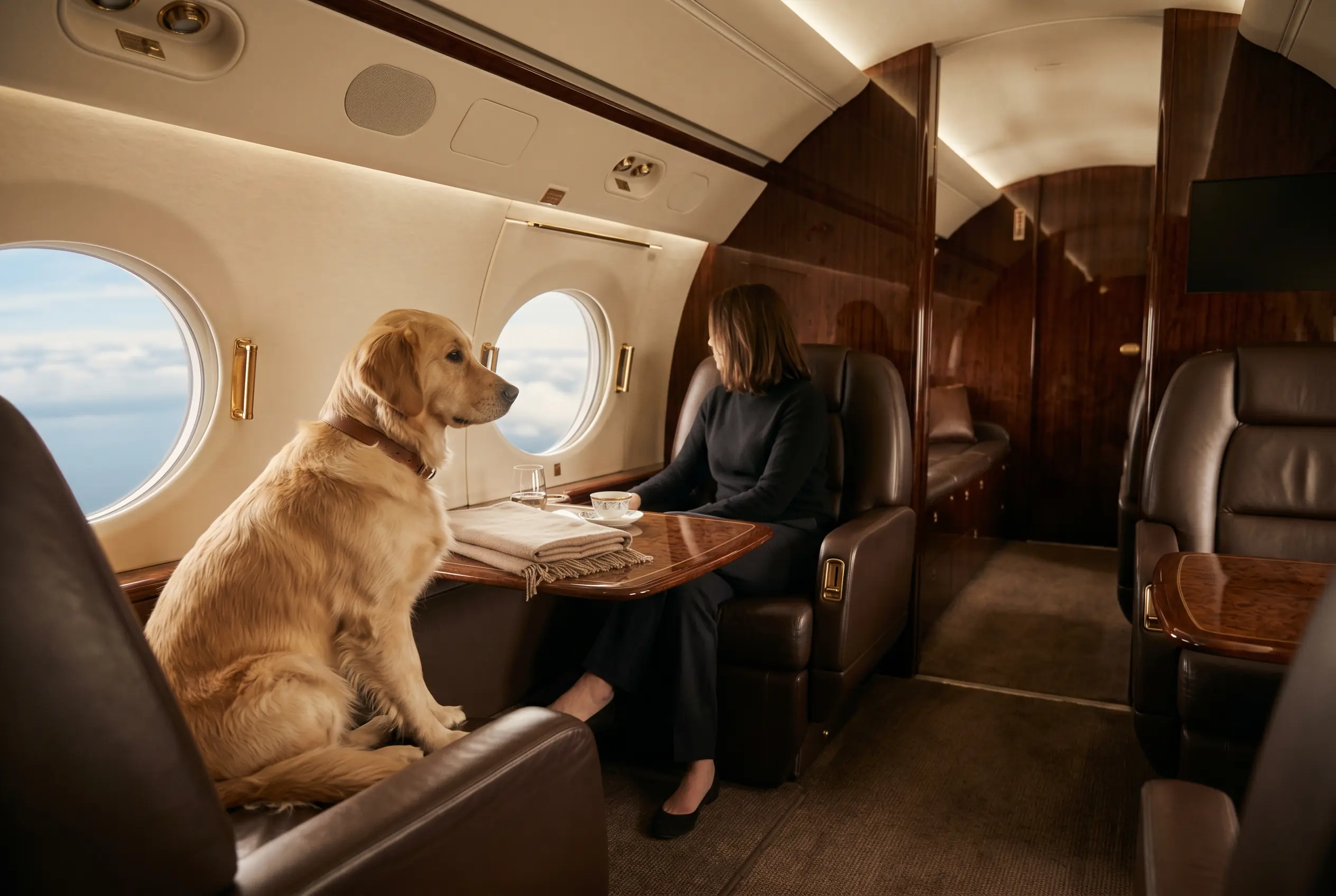 A calm private-jet cabin with a pet travelling beside its owner on the New York to Miami route