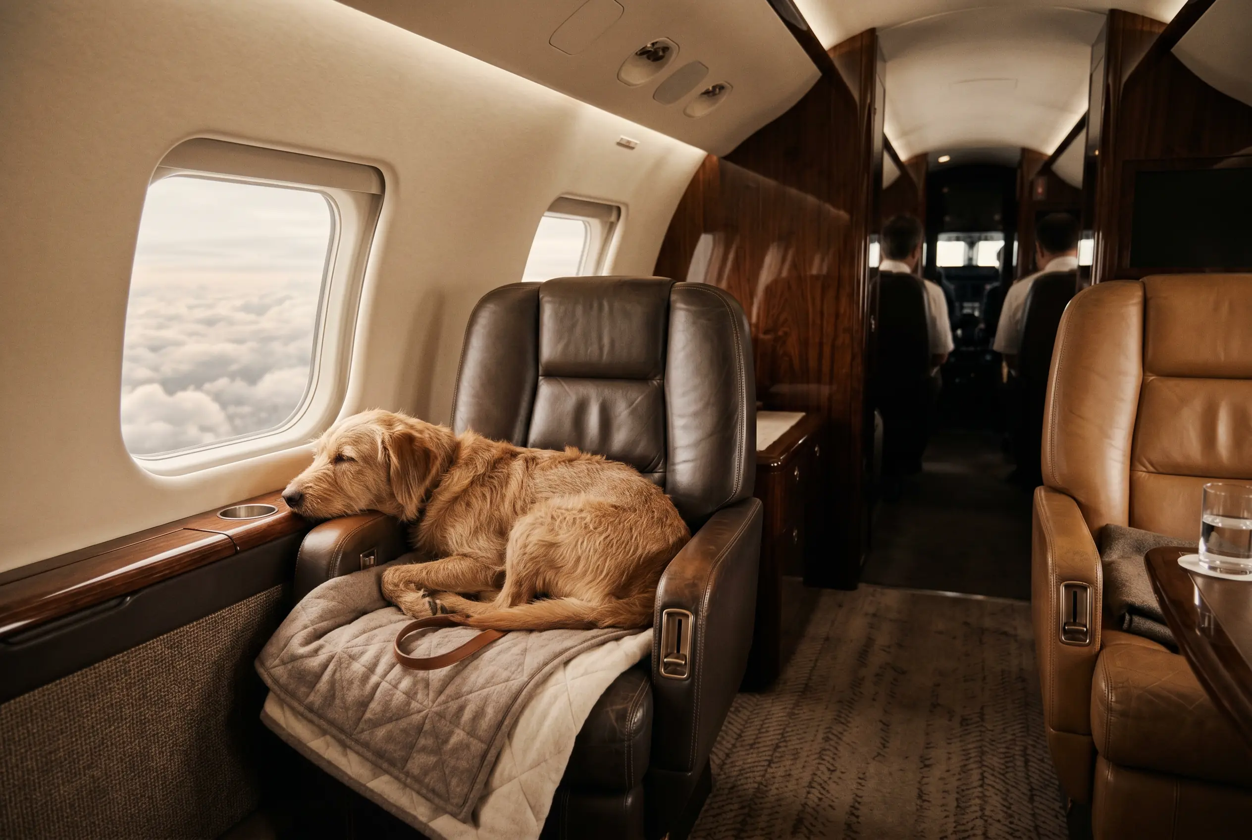 A well-behaved dog settled comfortably in a private-jet cabin on the New York to Miami route