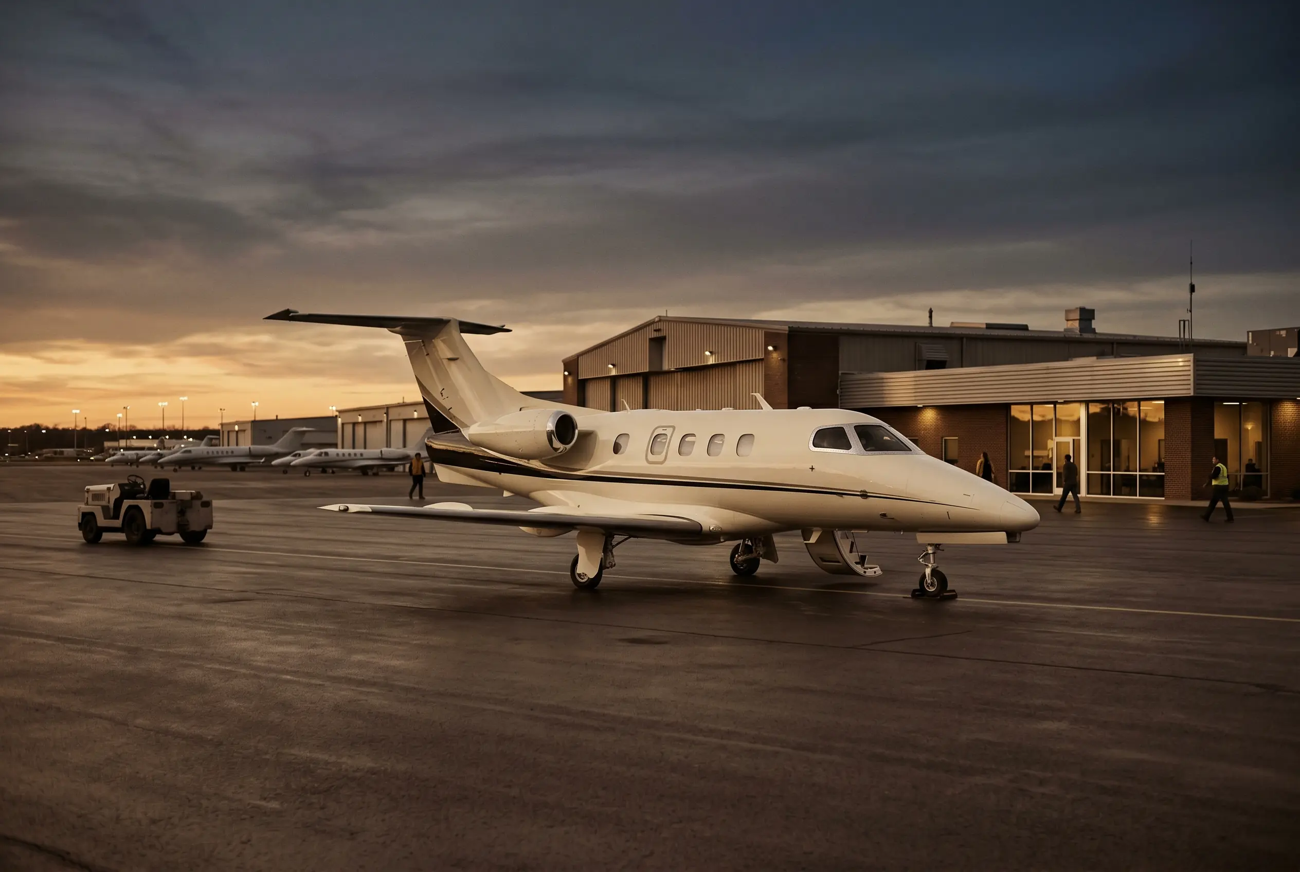 Embraer Phenom 100EV parked on a private ramp at dusk before a New York to Miami flight