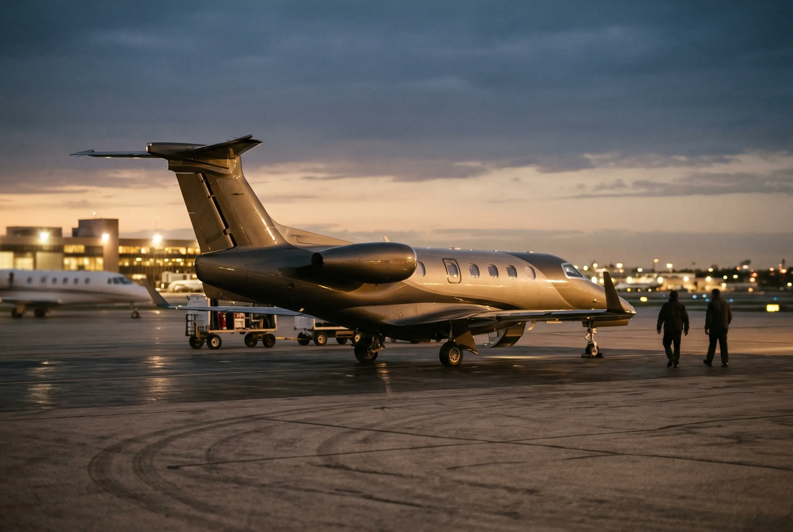 Embraer Phenom 300E parked on a private ramp at dusk before a New York to Miami flight