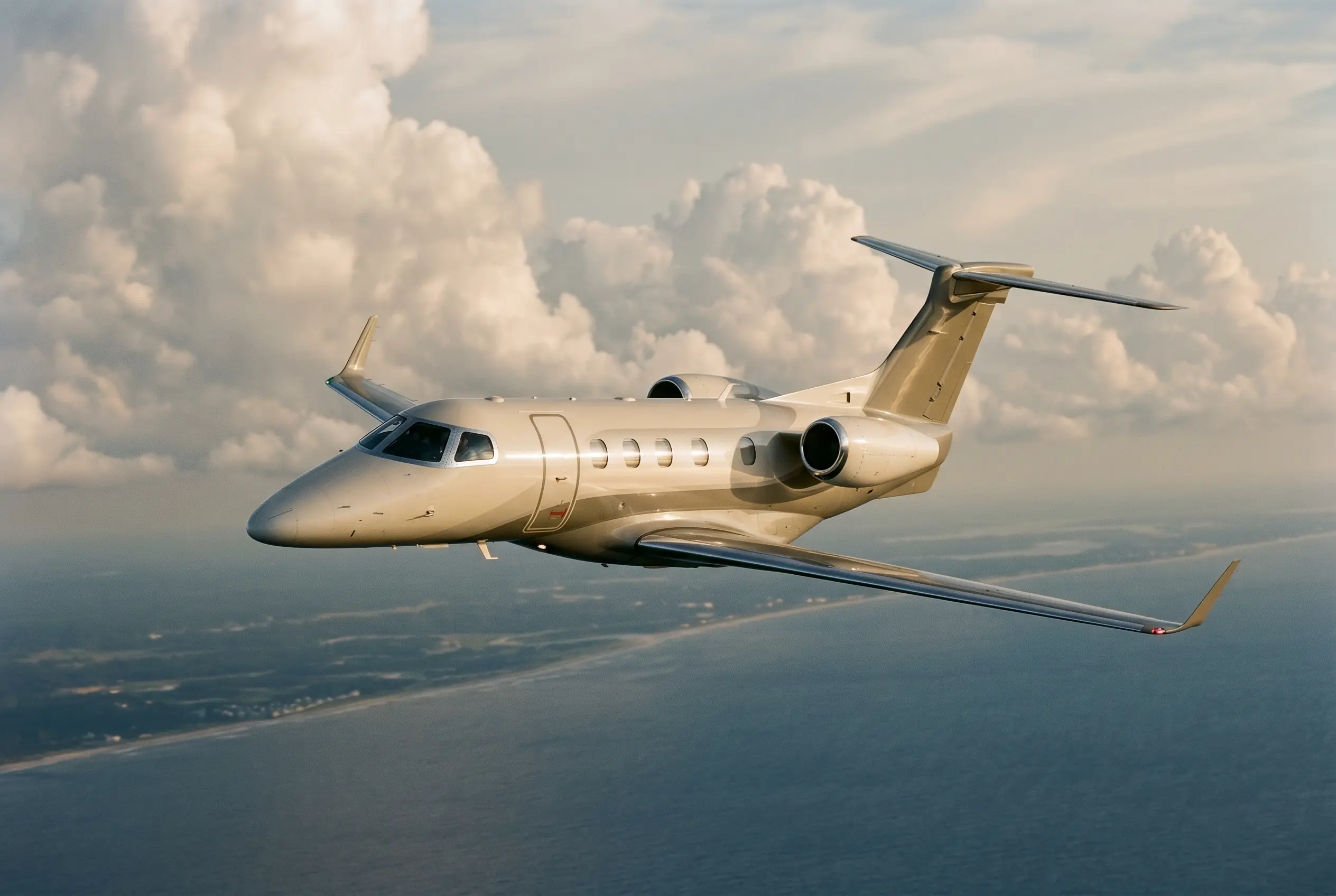 Embraer Phenom 300E in flight at altitude en route from New York to Miami