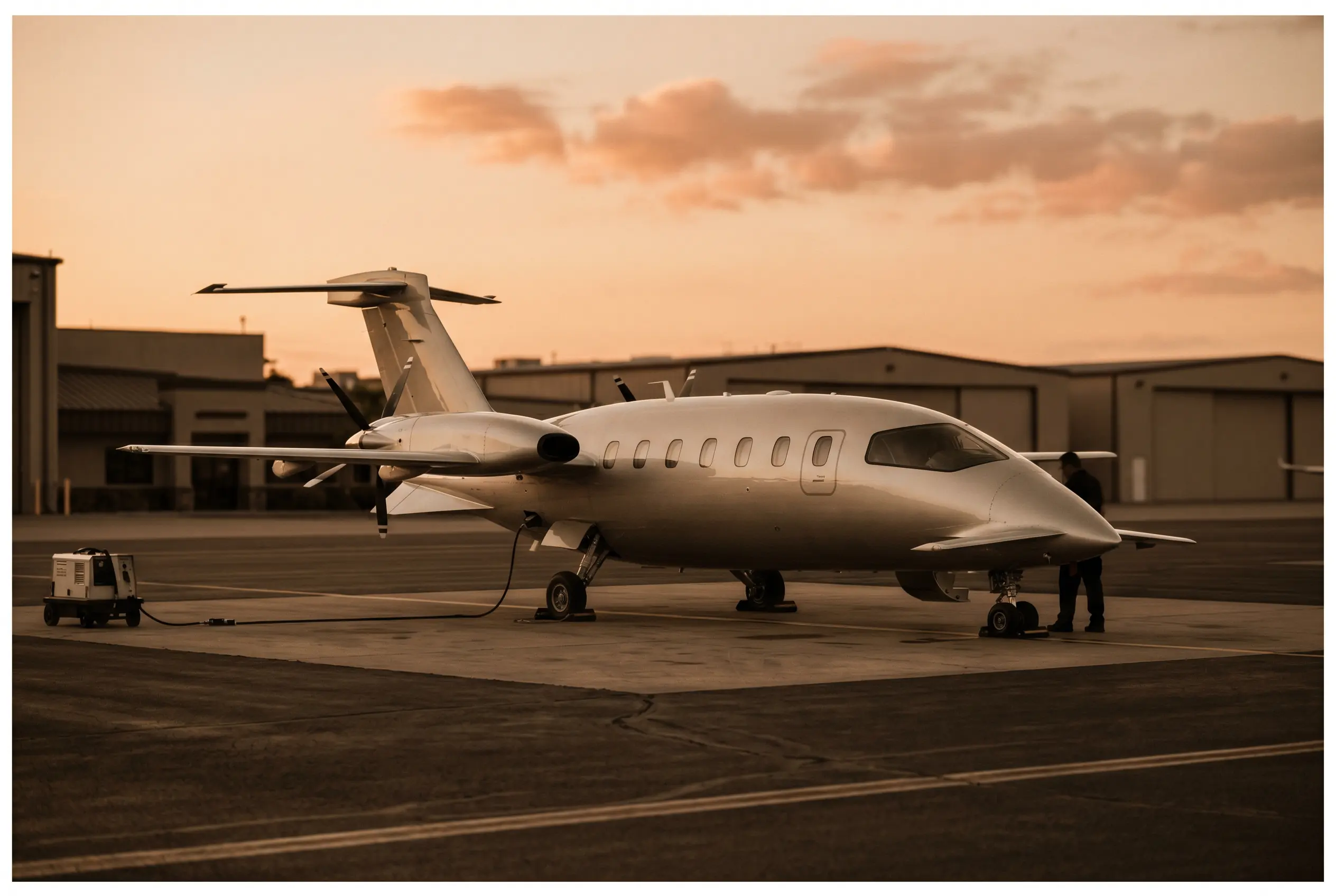 Piaggio P.180 Avanti EVO parked on a private ramp at dusk before a New York to Miami flight