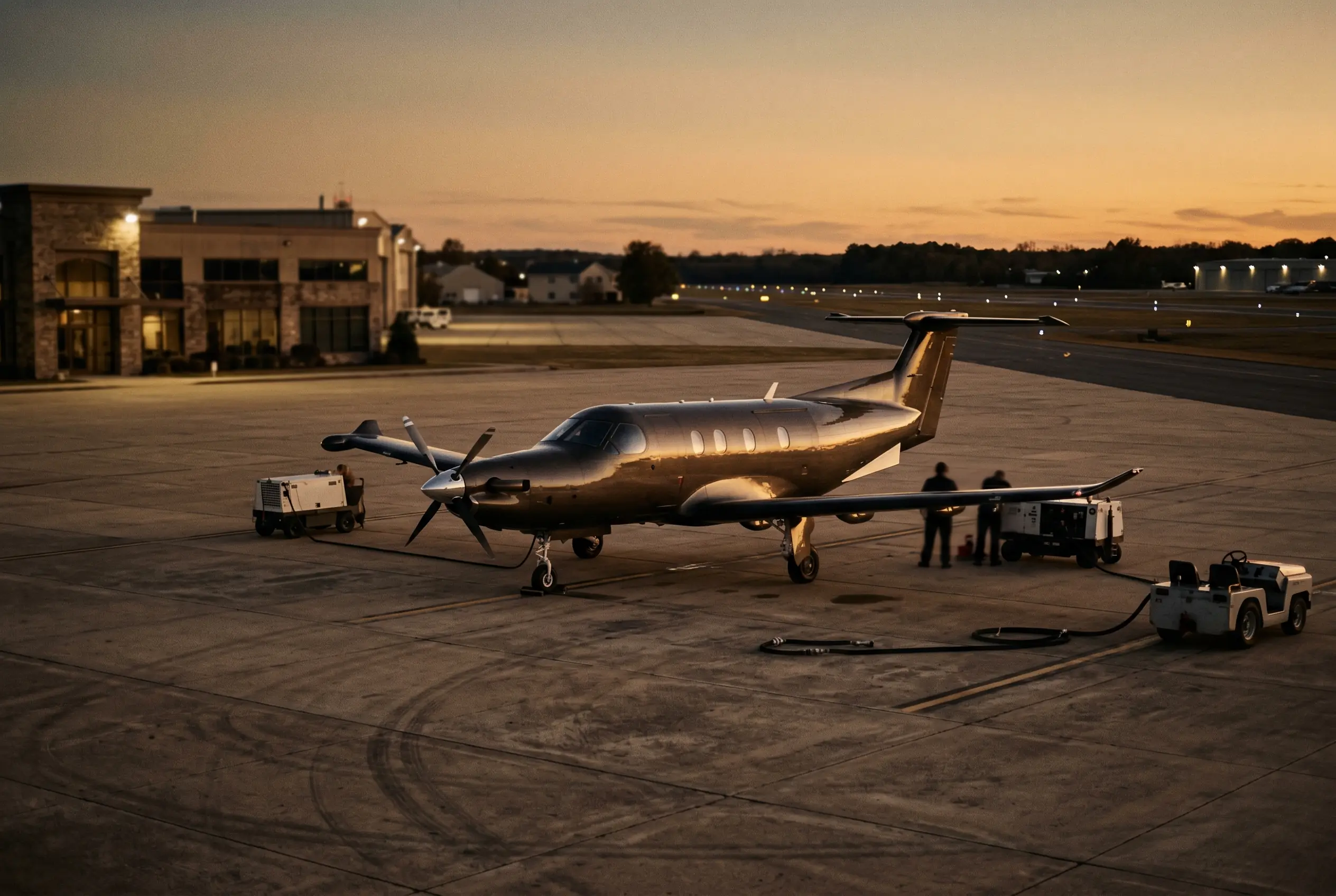 Pilatus PC-12 NGX parked on a private ramp at dusk before a New York to Miami flight