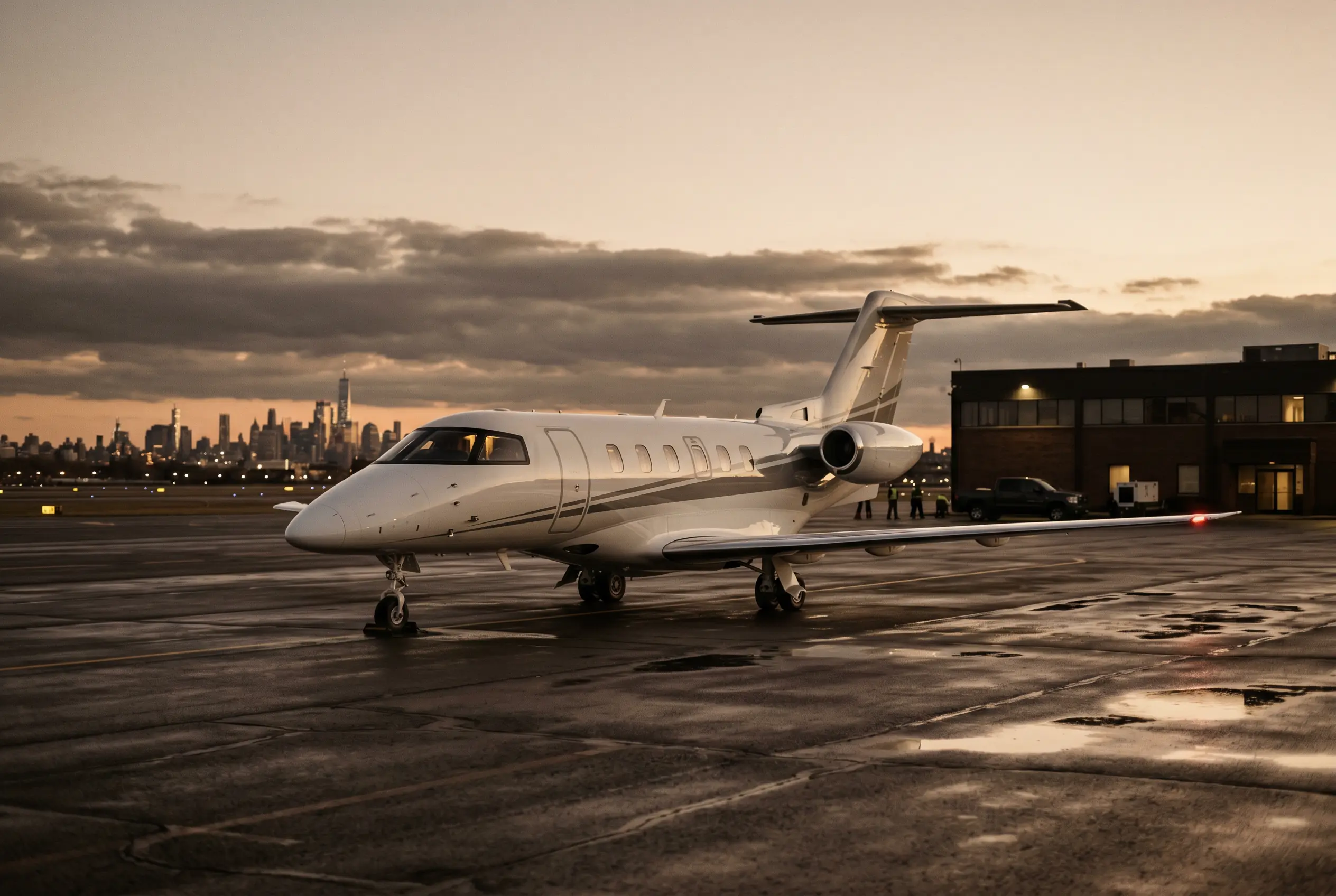 Pilatus PC-24 parked on a private ramp at dusk before a New York to Miami flight
