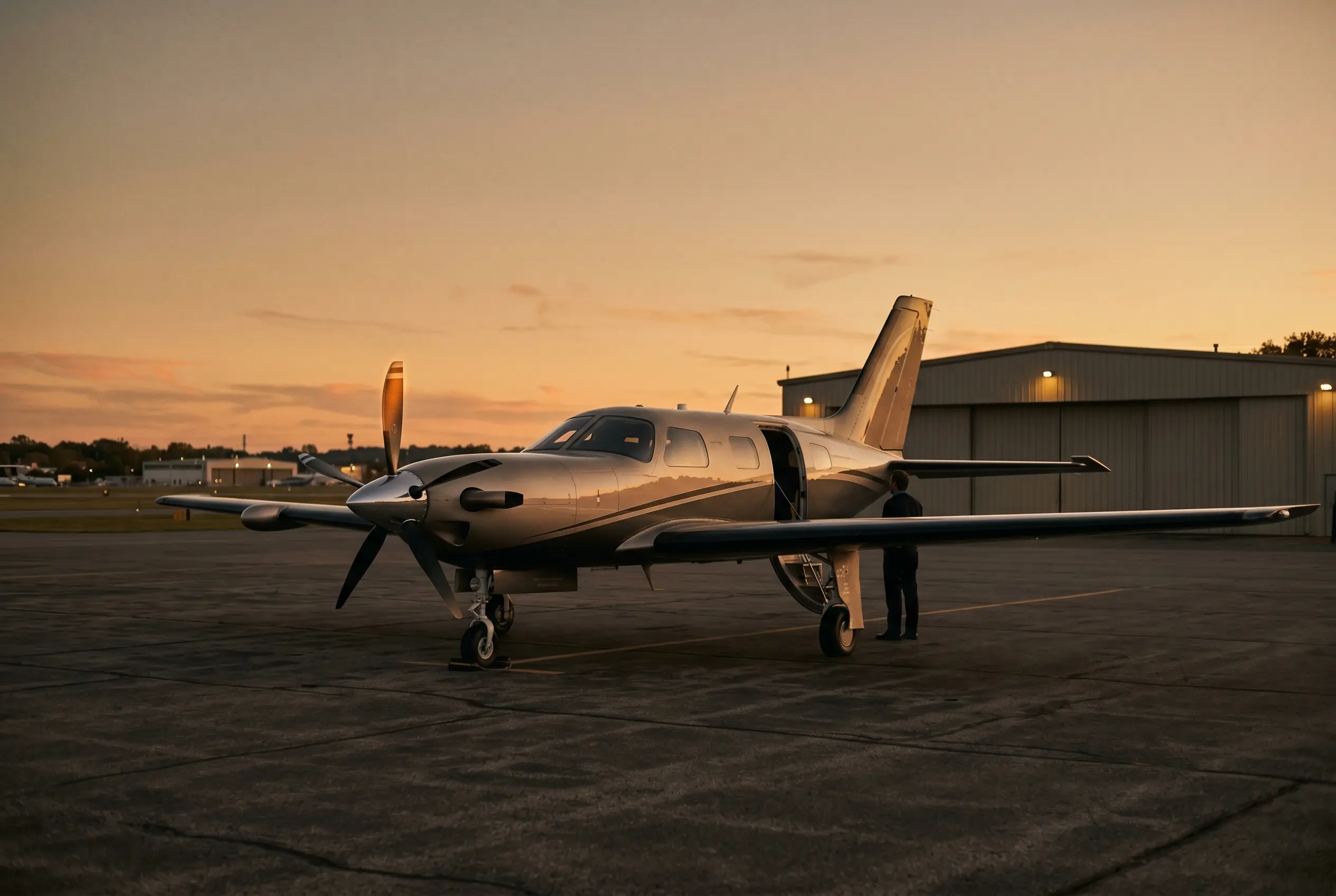Piper M600/SLS parked on a private ramp at dusk before a New York to Miami flight