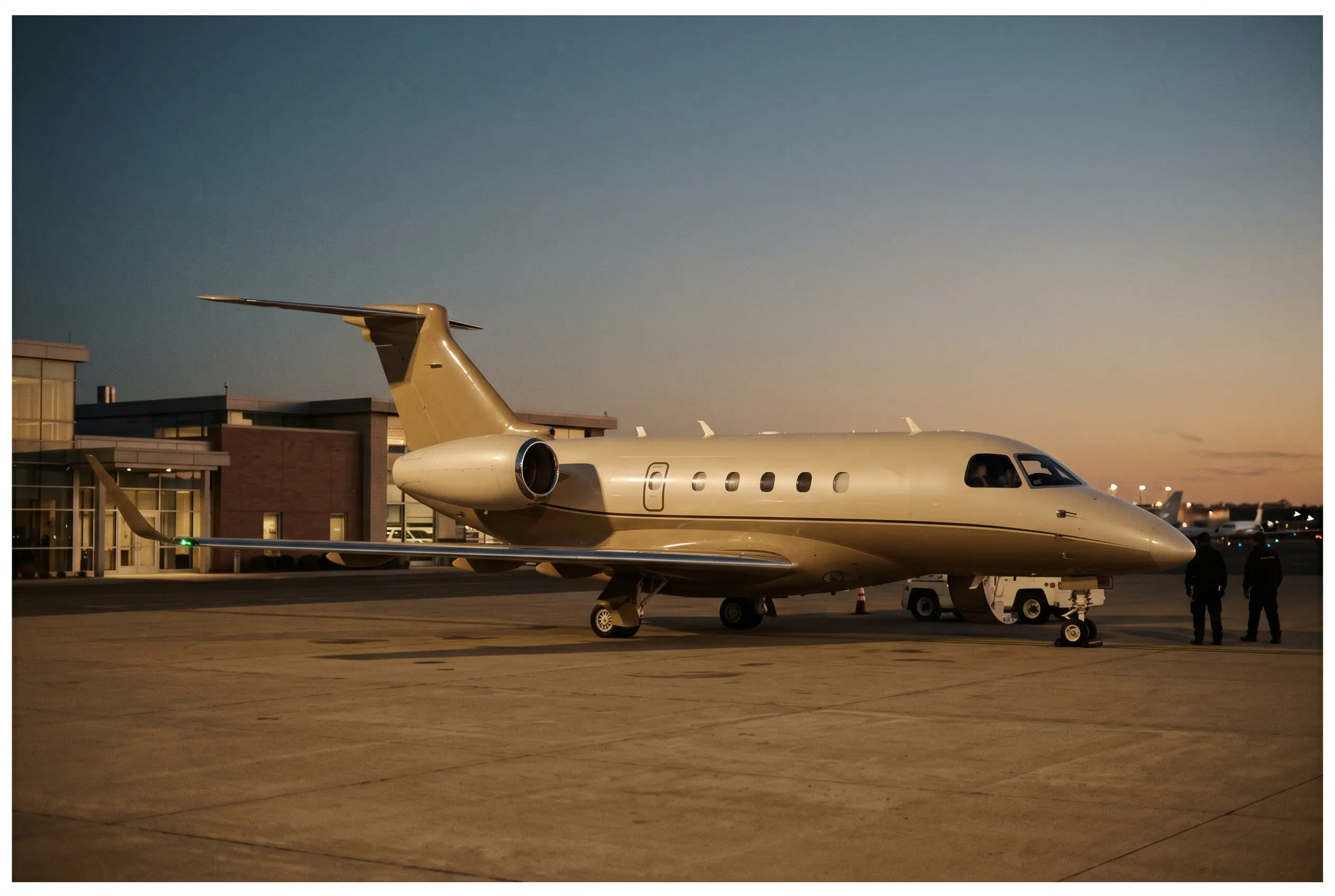Embraer Praetor 500 parked on a private ramp at dusk before a New York to Miami flight