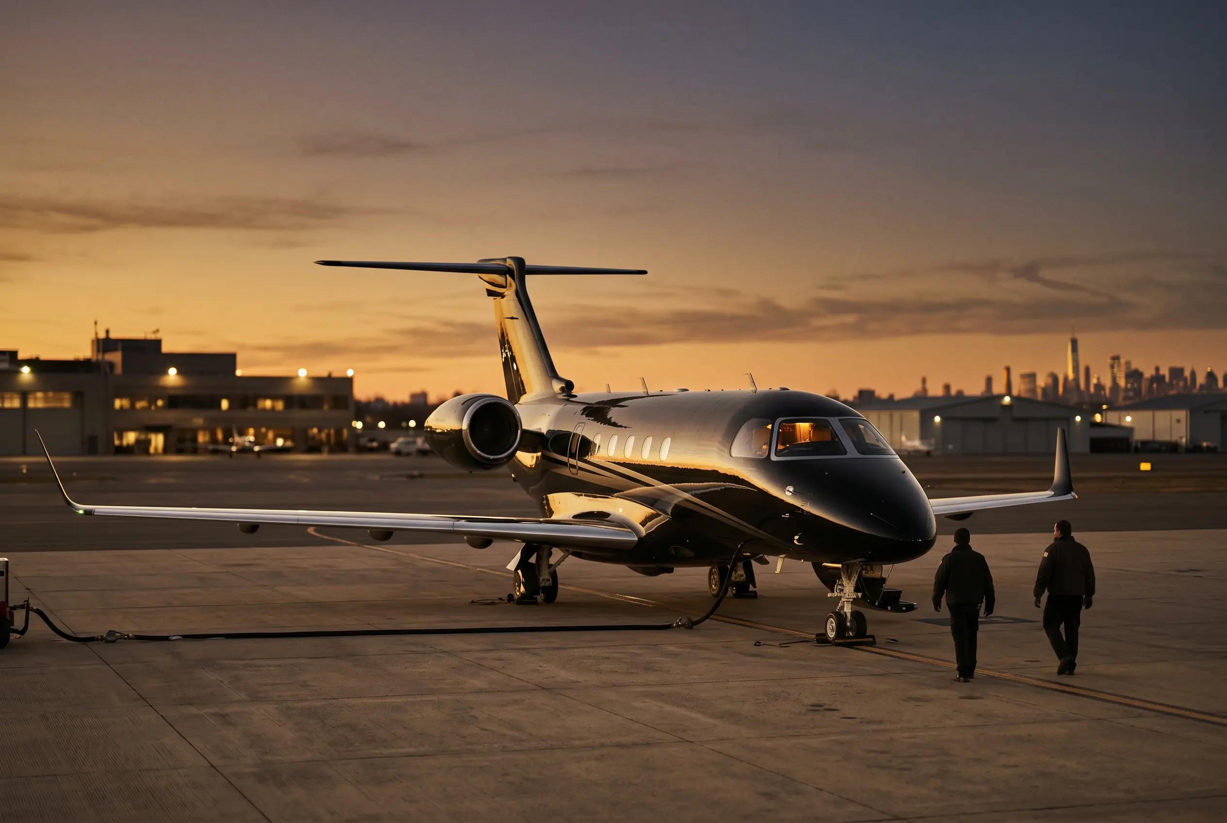Embraer Praetor 600 parked on a private ramp at dusk before a New York to Miami flight