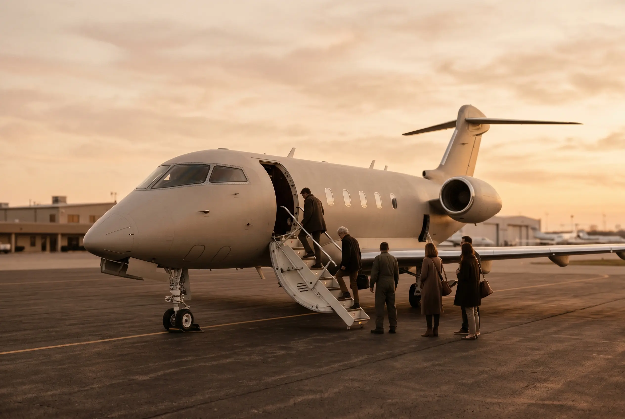 A team boarding a chartered private jet by airstair on the New York to Miami route