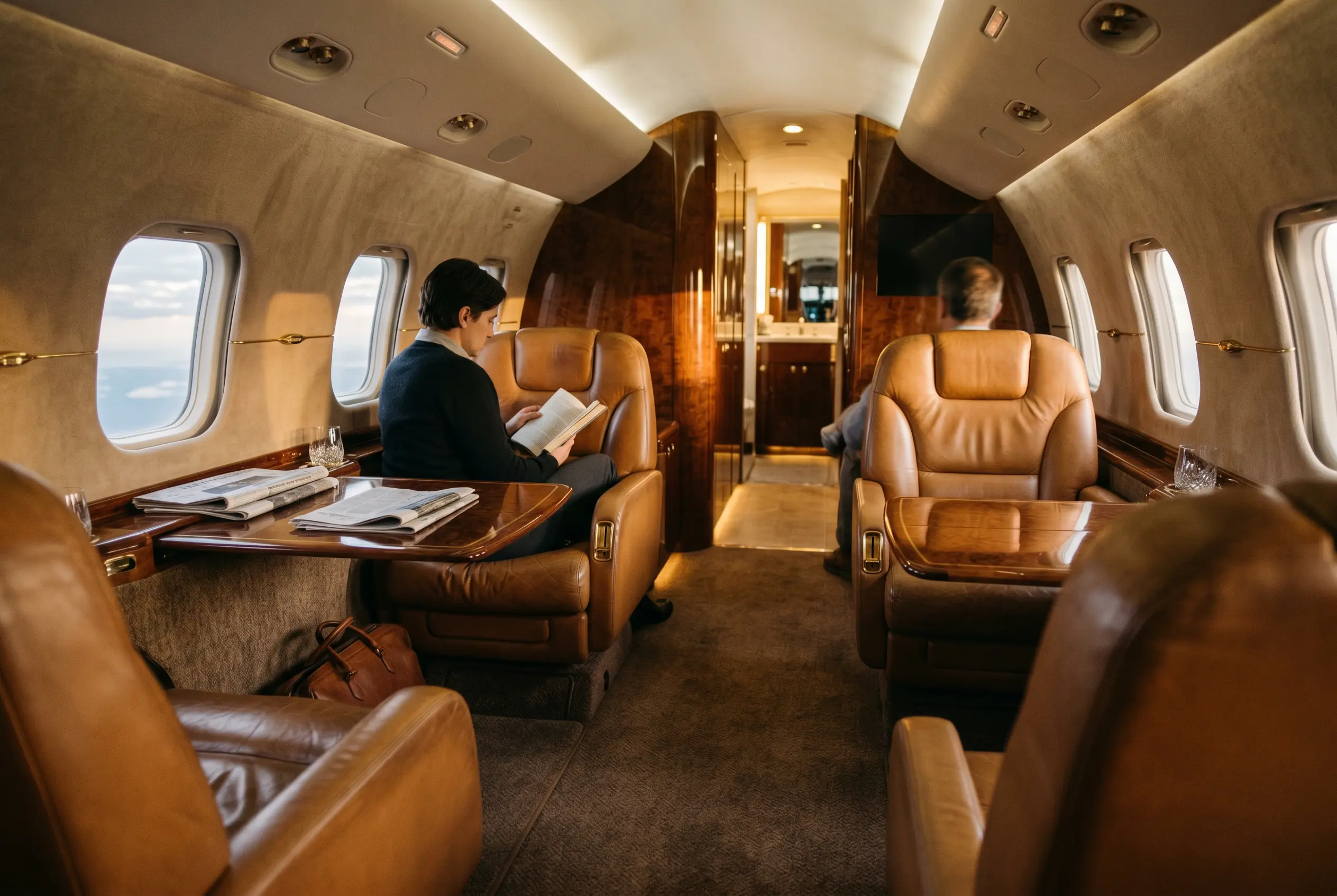 A super-midsize jet cabin appointed for the New York to Miami passage