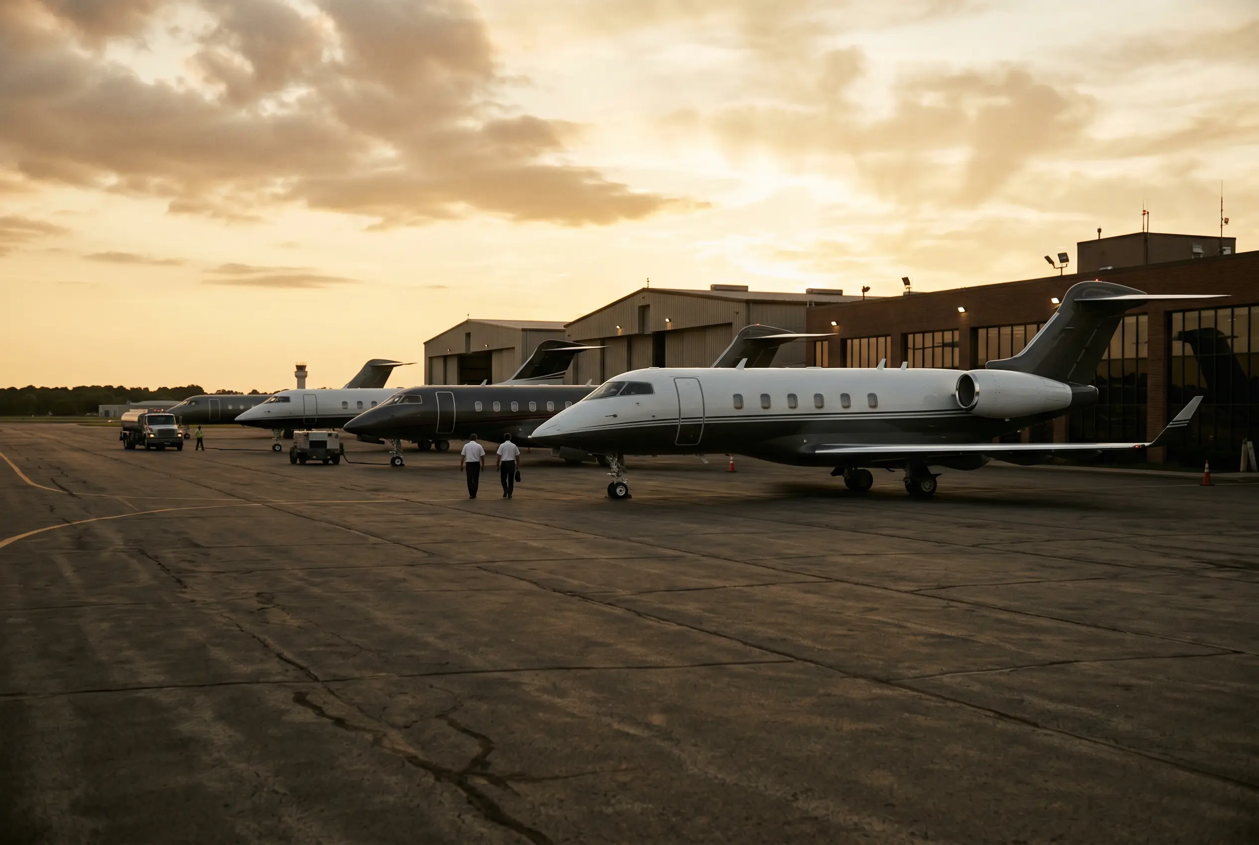 A line-up of super-midsize jet aircraft on a private ramp at dusk — super-midsize jet charter options on the New York to Miami route