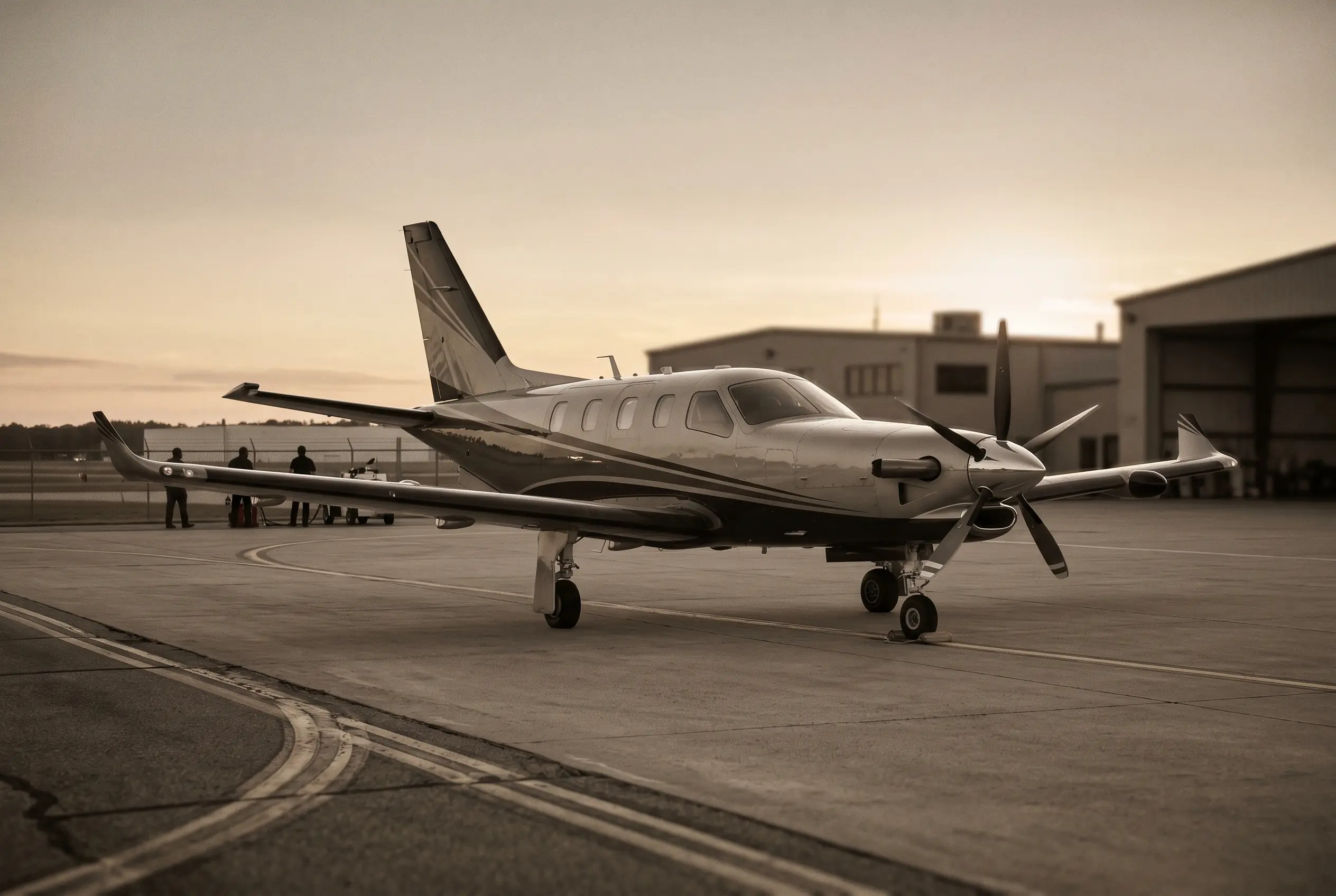 Daher TBM 960 parked on a private ramp at dusk before a New York to Miami flight