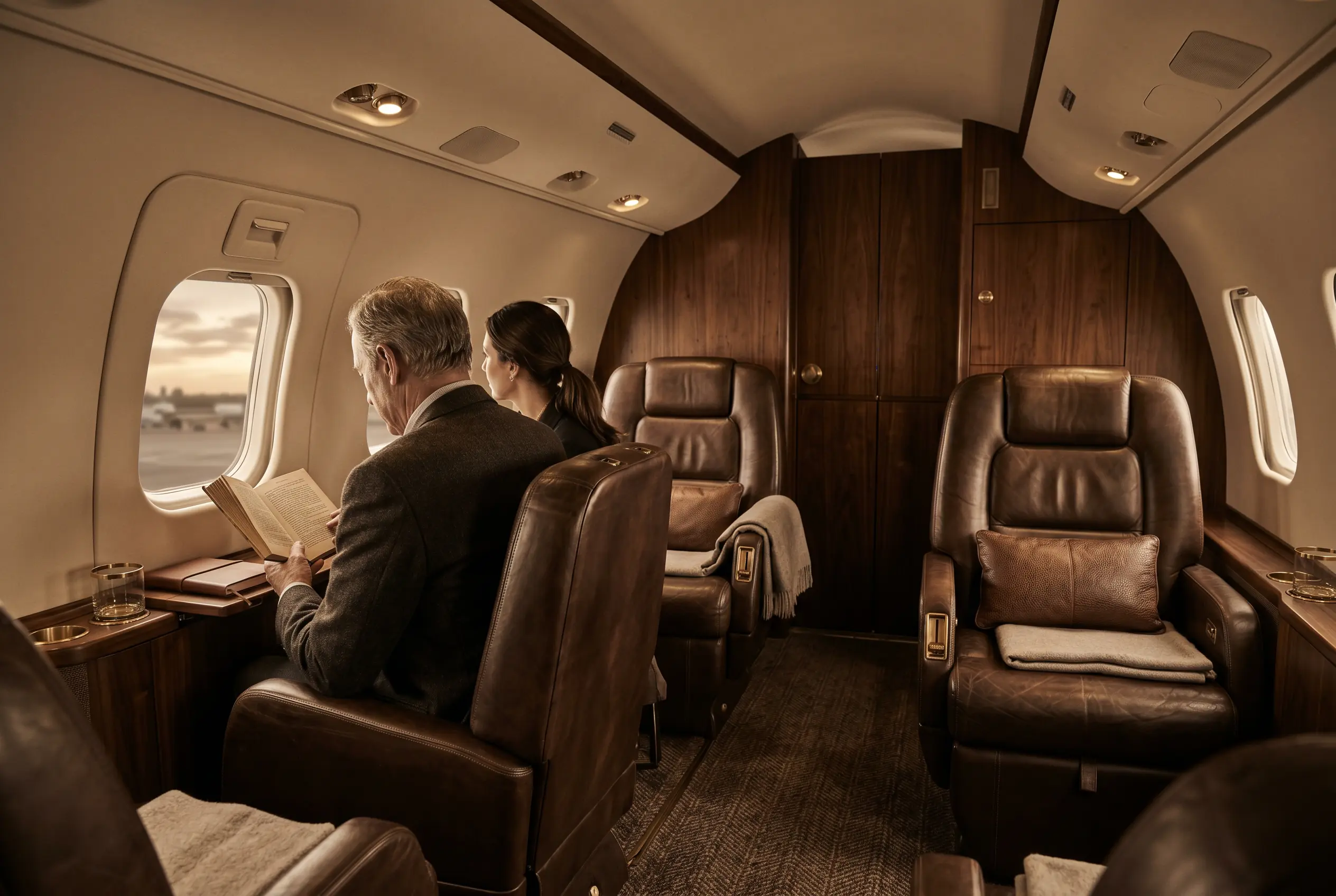 A turboprop cabin appointed for the New York to Miami passage
