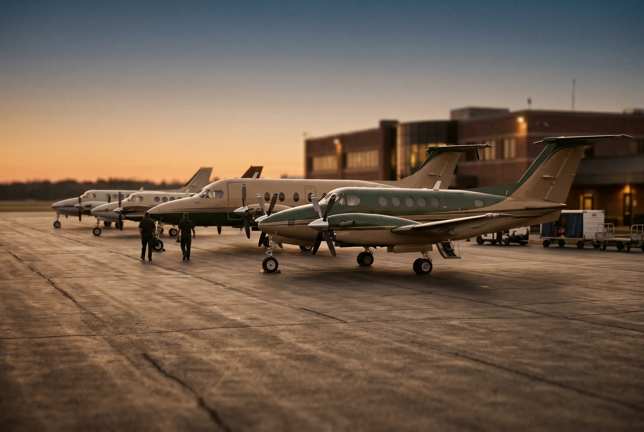 A line-up of turboprop aircraft on a private ramp at dusk — turboprop charter options on the New York to Miami route