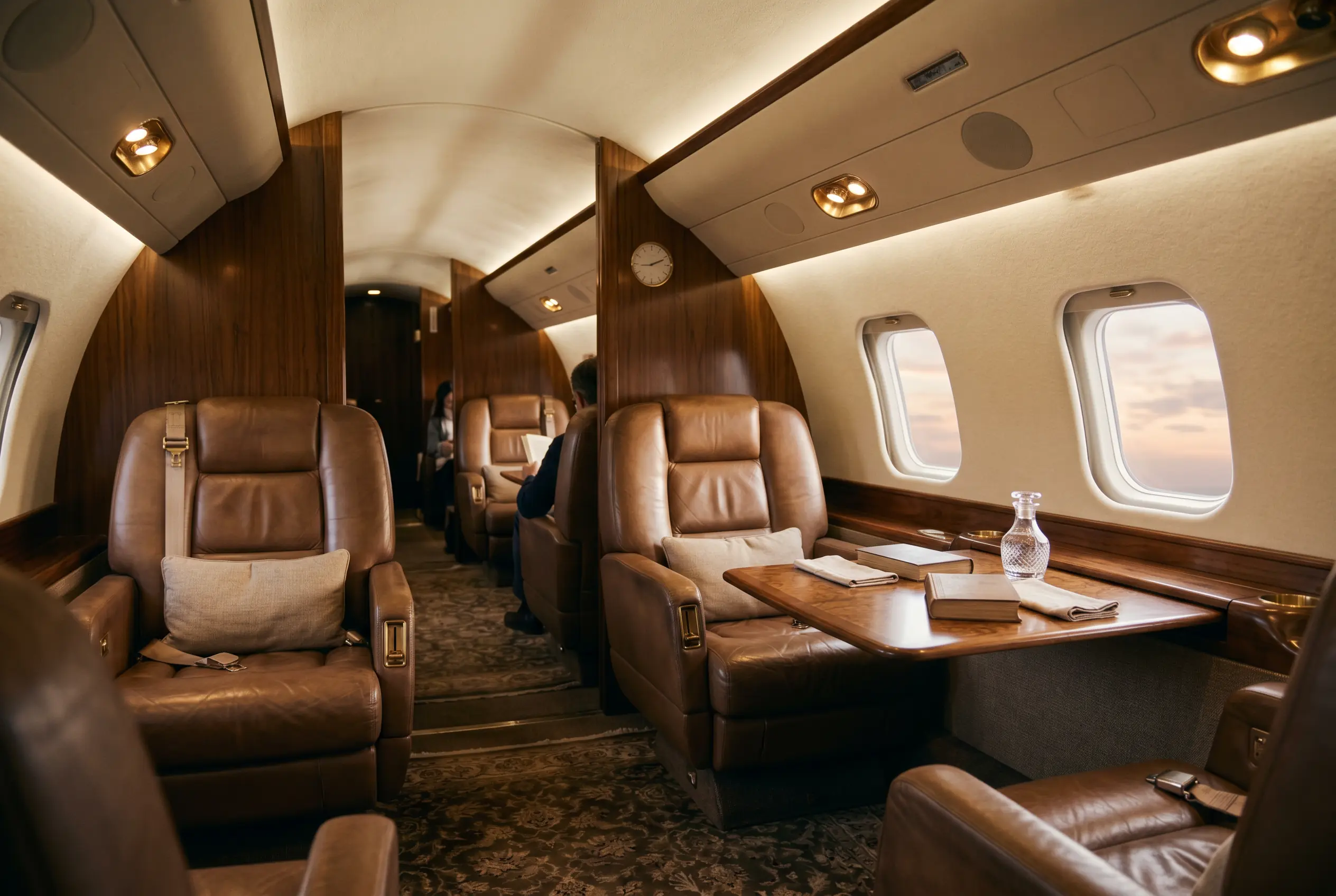 A ultra-long-range jet cabin appointed for the New York to Miami passage