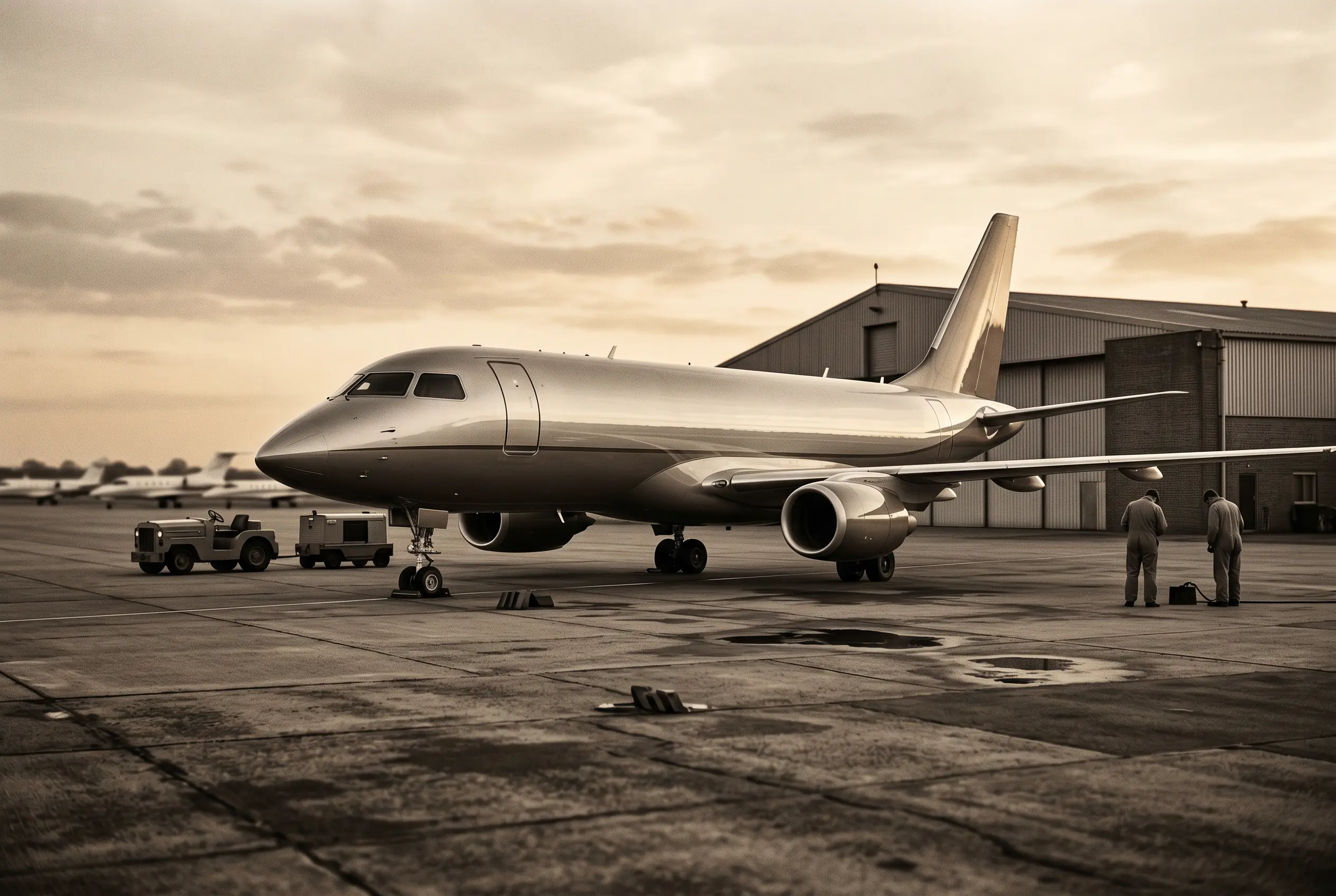 A line-up of ultra-long-range jet aircraft on a private ramp at dusk — ultra-long-range jet charter options on the New York to Miami route
