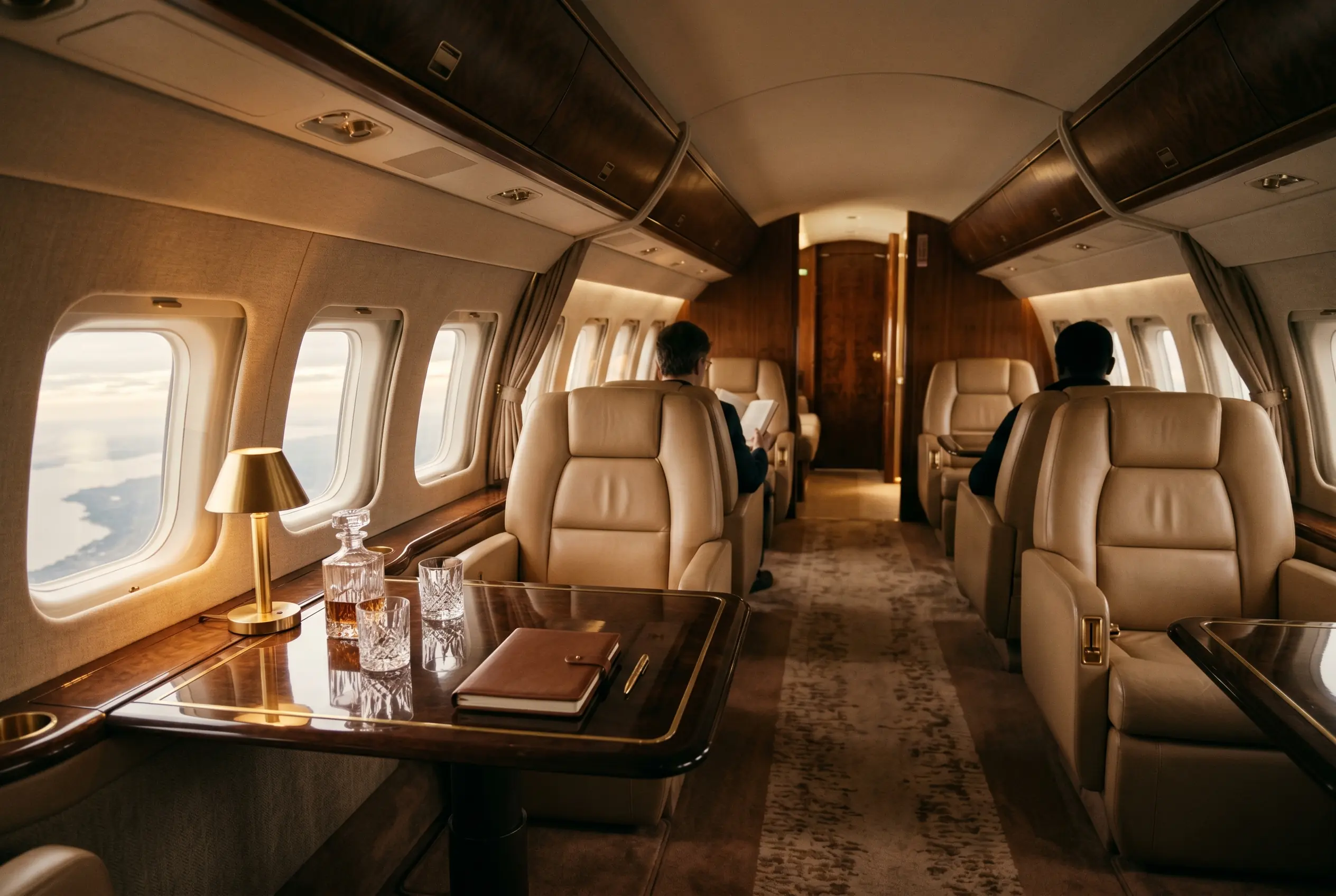 A vip airliner cabin appointed for the New York to Miami passage