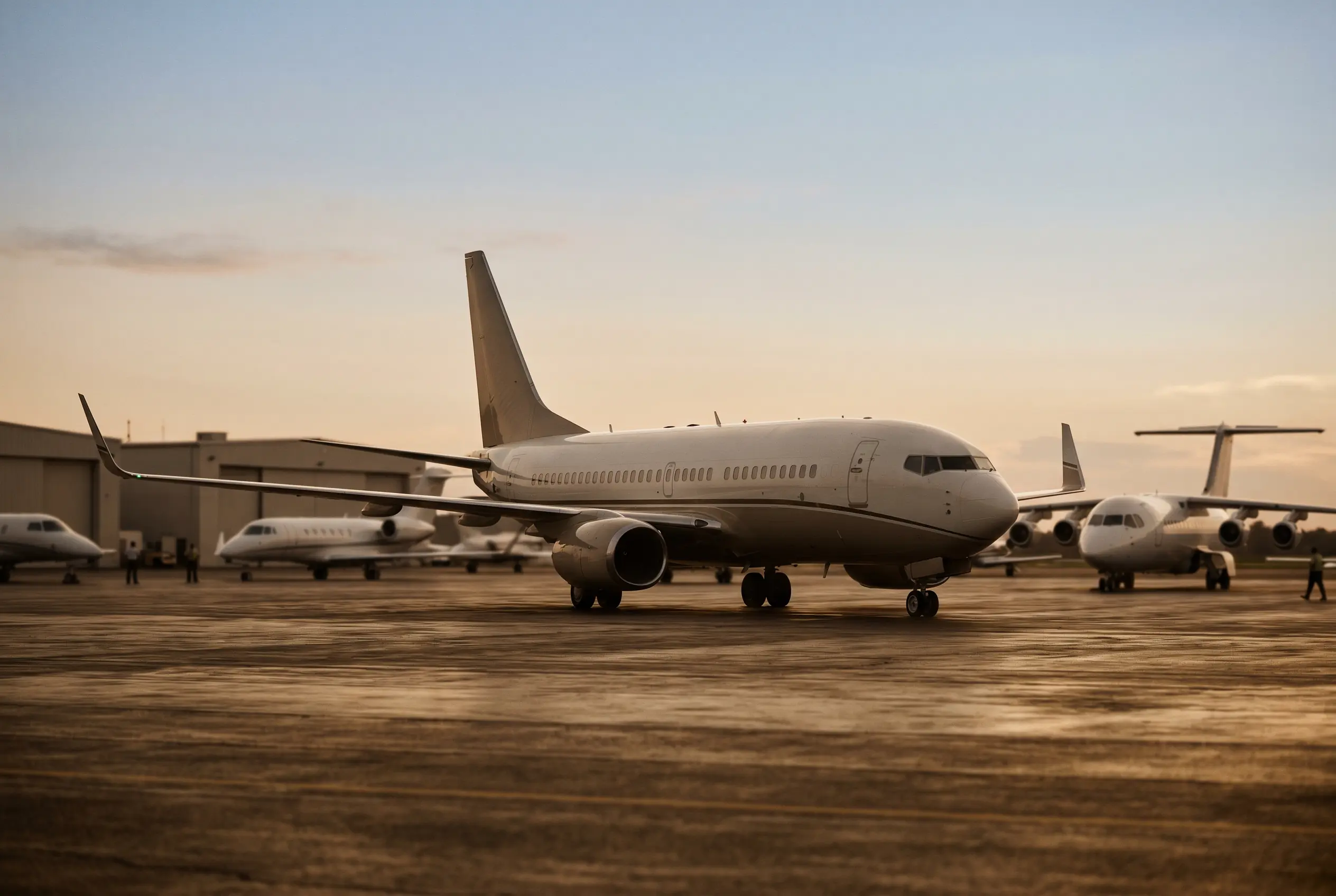 A line-up of vip airliner aircraft on a private ramp at dusk — vip airliner charter options on the New York to Miami route